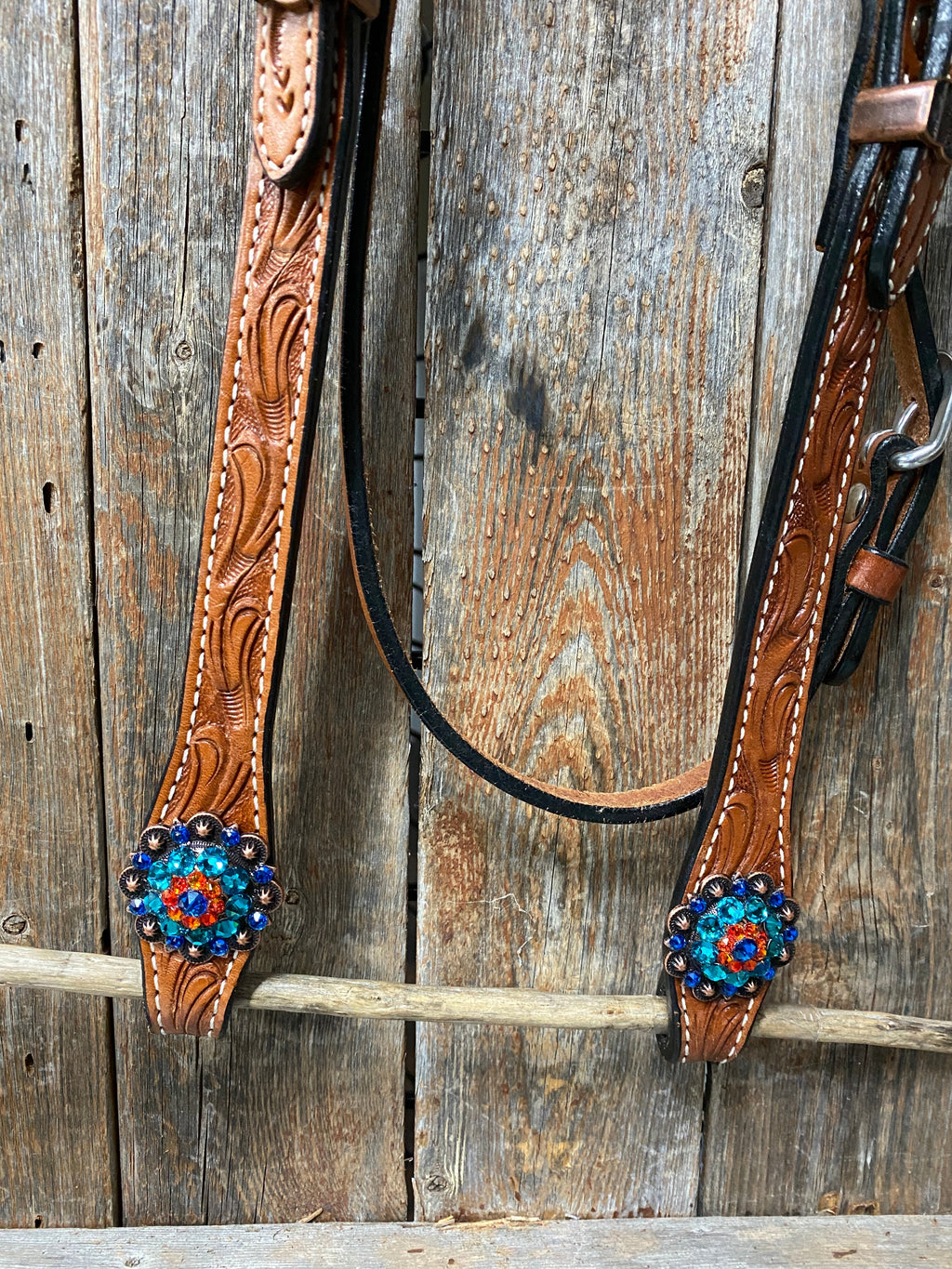 Light Oil Floral Tooled Orange and Teal Browband & Breastcollar Tack Set #BBBC427 — view 7