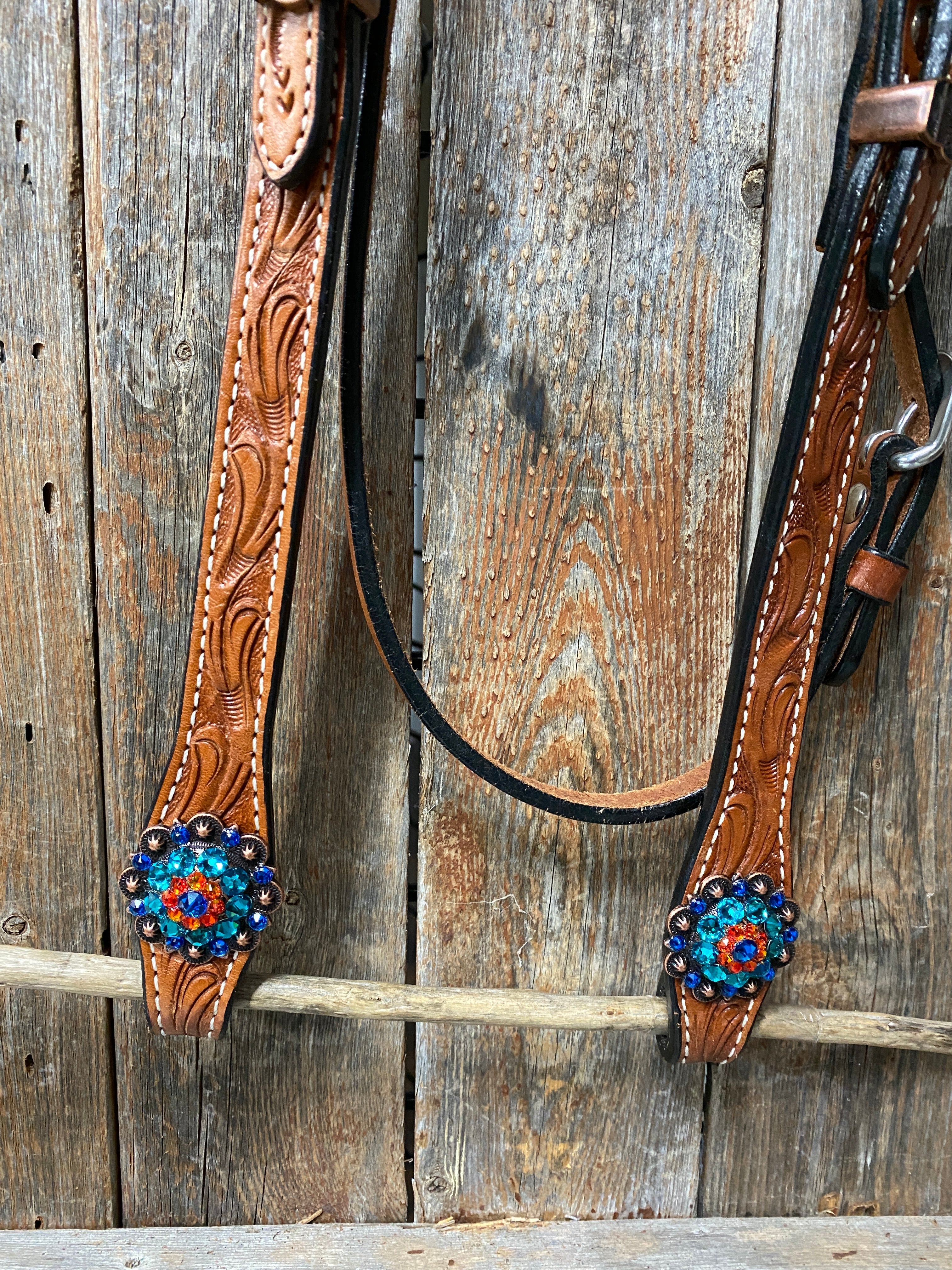 Light Oil Floral Tooled Orange and Teal Browband & Breastcollar Tack Set #BBBC427 — view 7