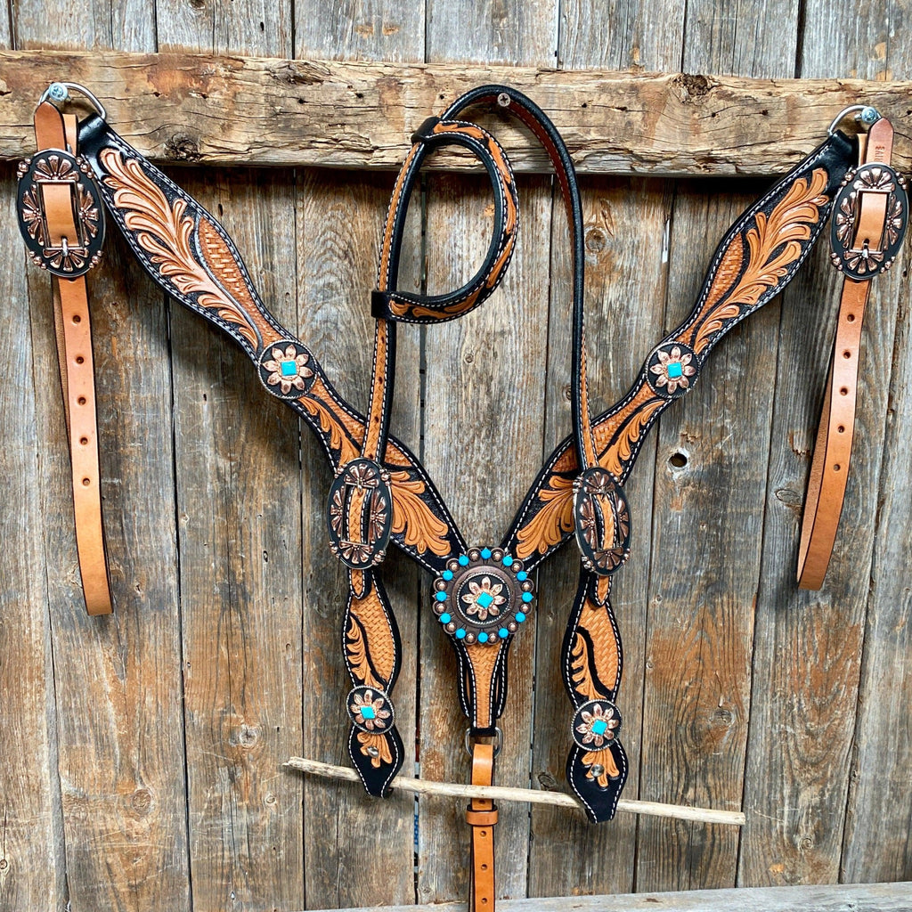Two Tone Leaf Floral Turquoise One Ear & Breastcollar Tack Set #OEBC430