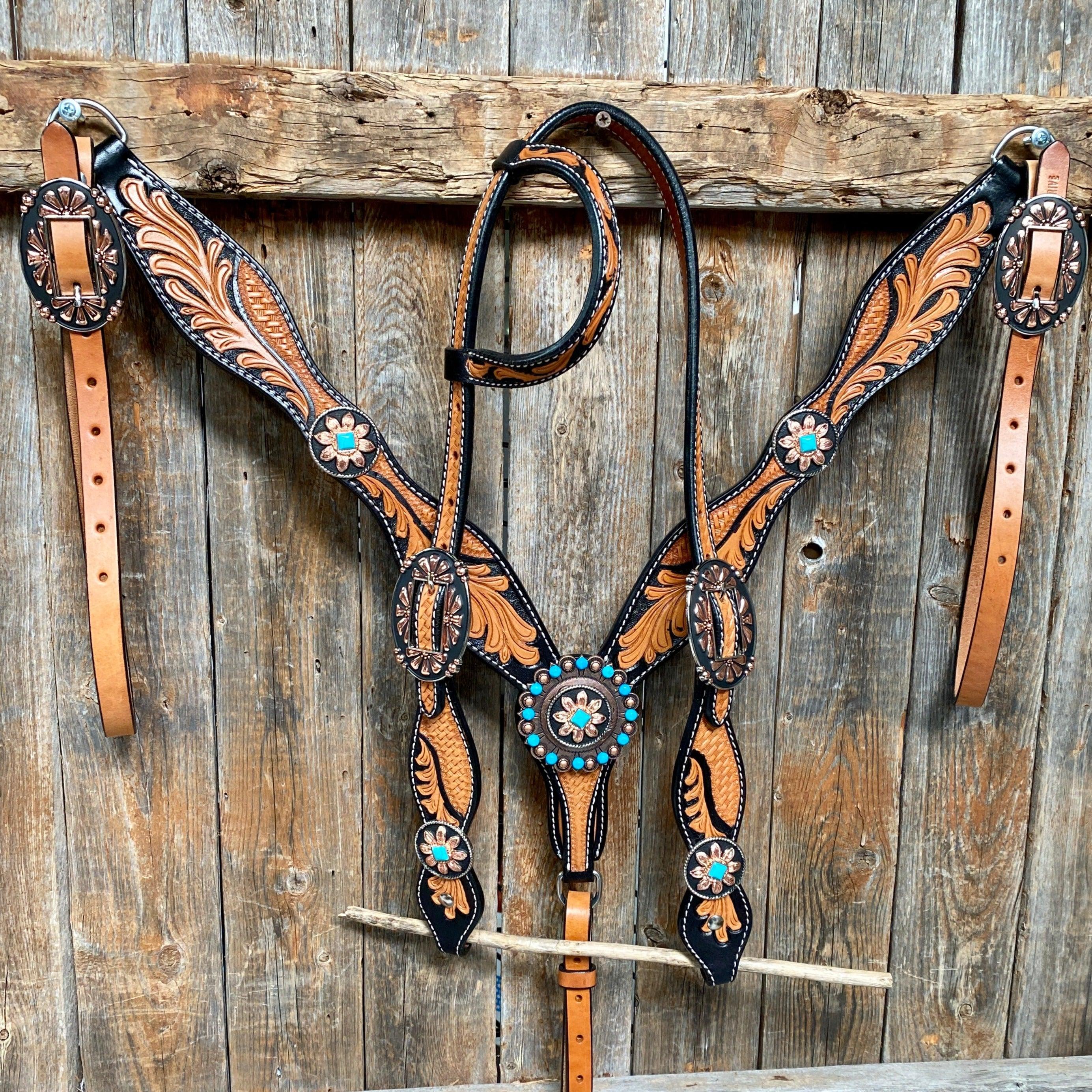 Two Tone Leaf Floral Turquoise One Ear & Breastcollar Tack Set #OEBC430