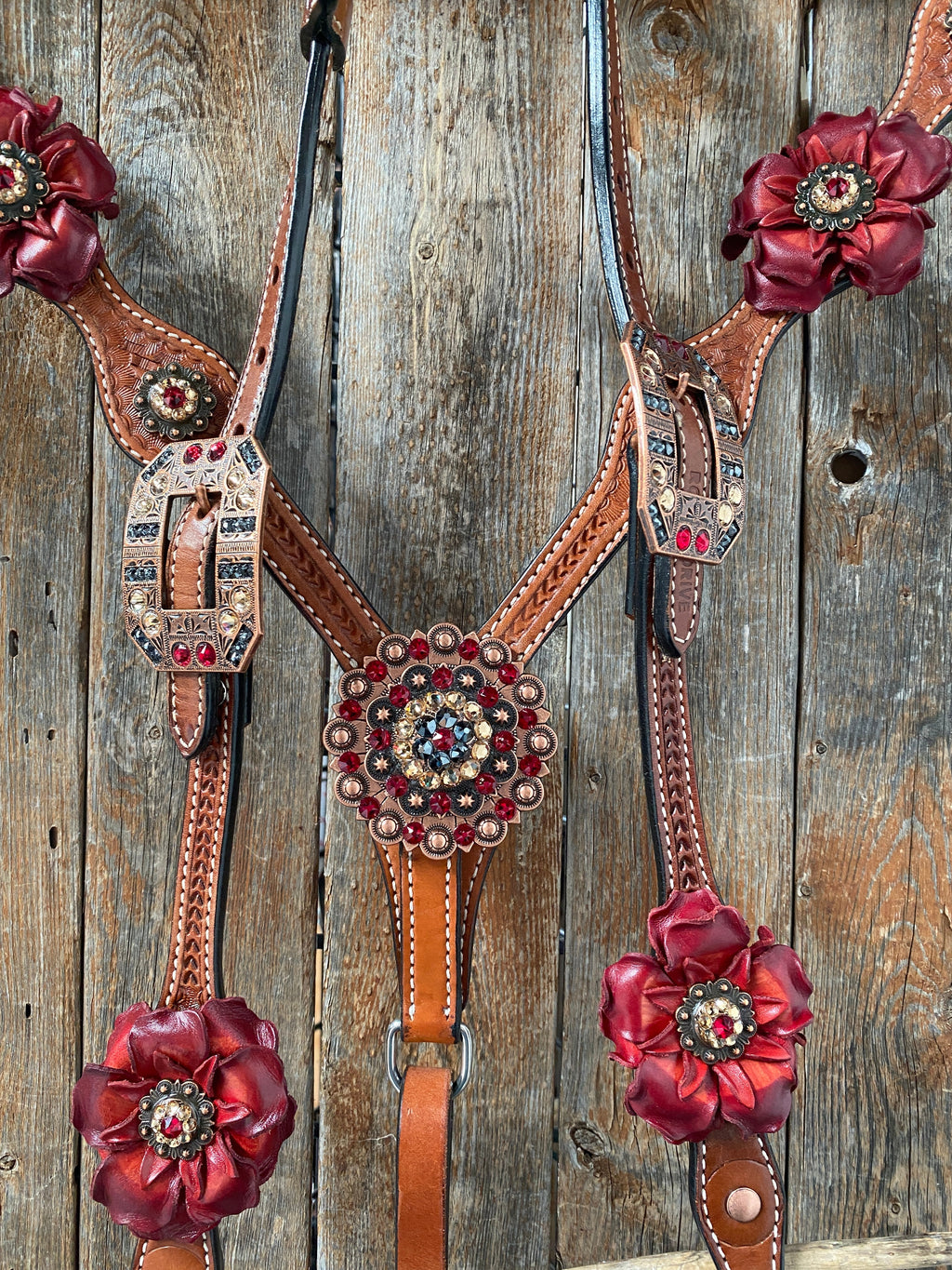 Light Oil Basketweave Champagne and Red One Ear & Breastcollar Tack Set #OEBC432 — view 2