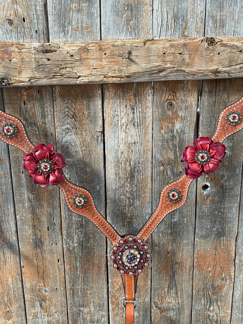 Light Oil Basketweave Champagne and Red One Ear & Breastcollar Tack Set #OEBC432 — view 3