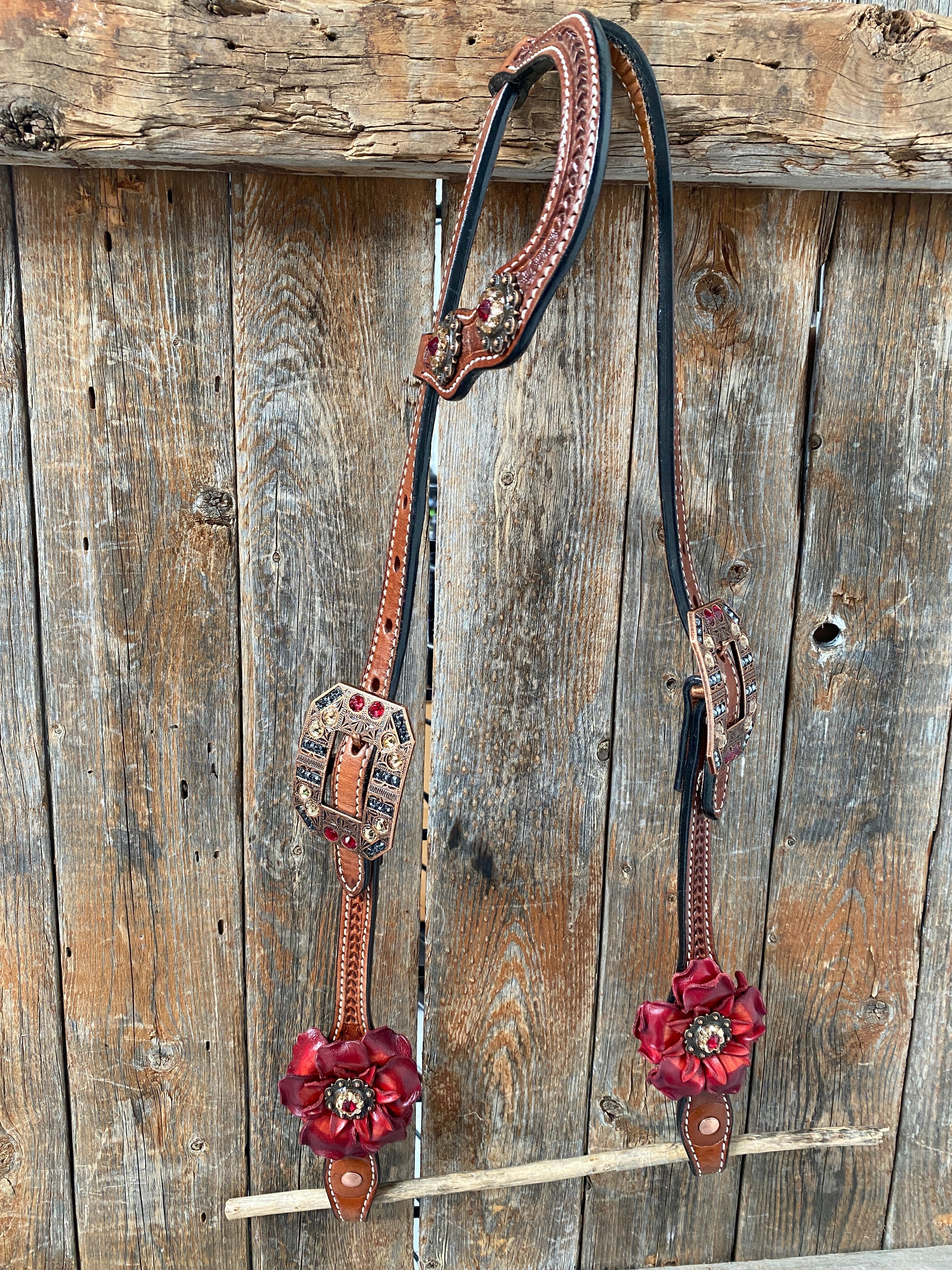 Light Oil Basketweave Champagne and Red One Ear & Breastcollar Tack Set #OEBC432 — view 6