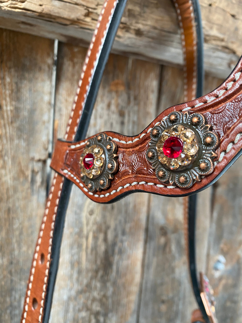 Light Oil Basketweave Champagne and Red One Ear & Breastcollar Tack Set #OEBC432 — view 7