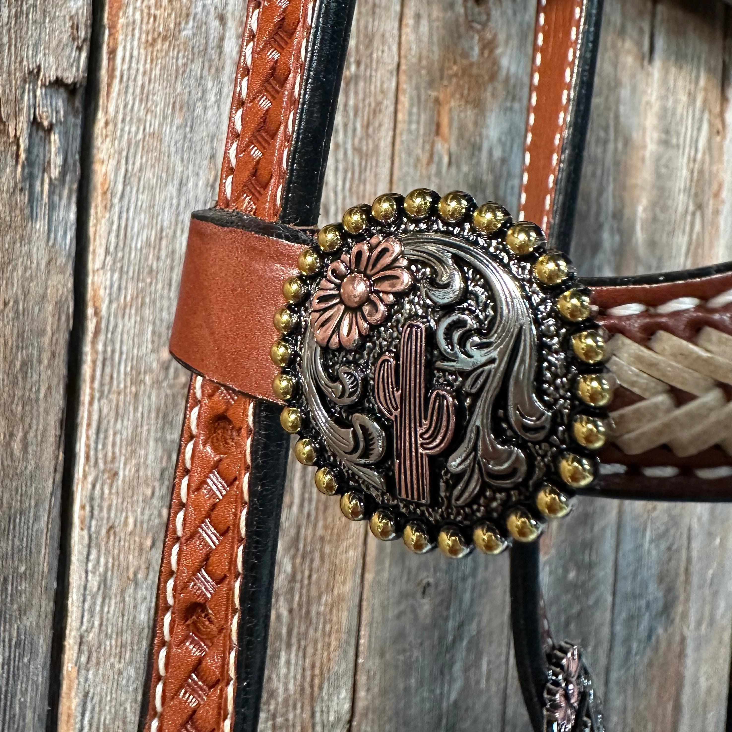 Rawhide Cactus and Flower One Ear Headstall and Breastcollar Tack Set #OEBC403 — view 4