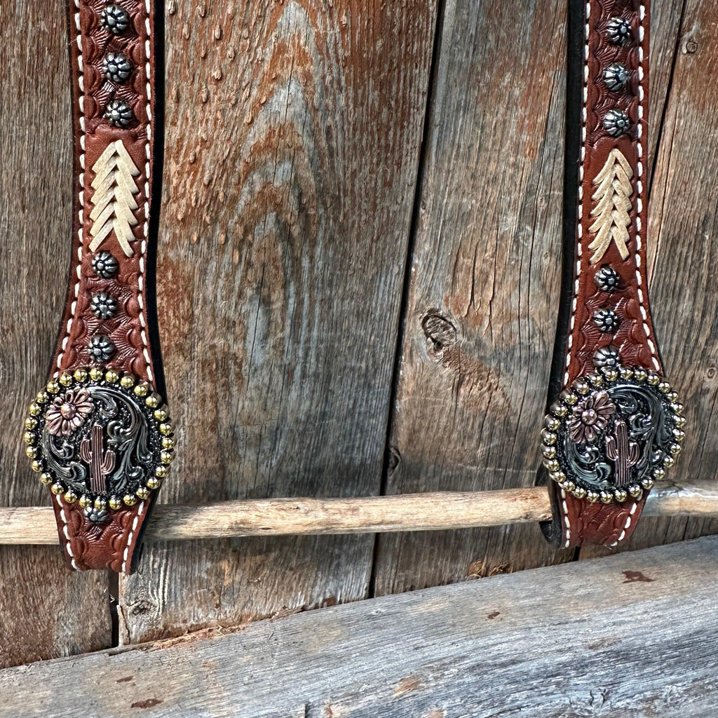 Rawhide Cactus and Flower One Ear Headstall and Breastcollar Tack Set #OEBC403 — view 6