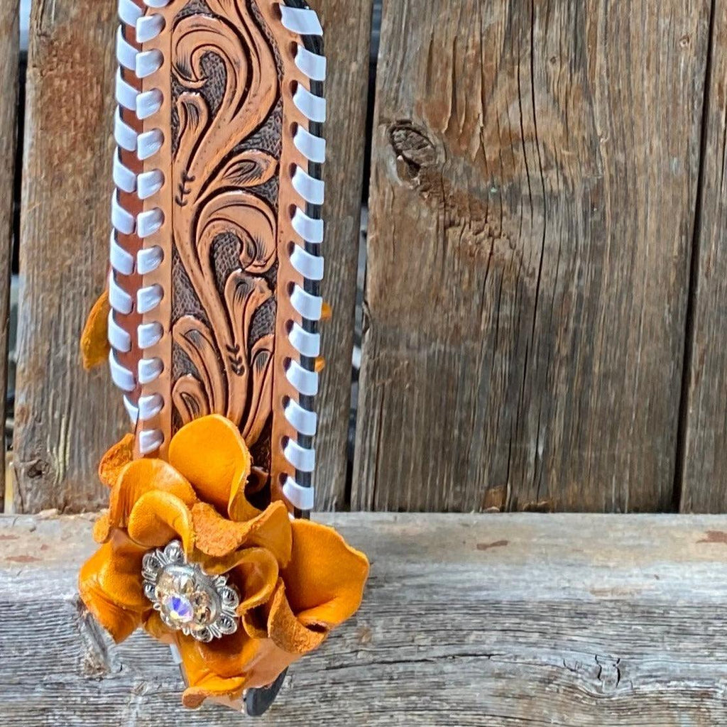 Whip Stitch One Ear Headstall / Bridle - Yellow Roses & European Conchos #OE286 — view 3