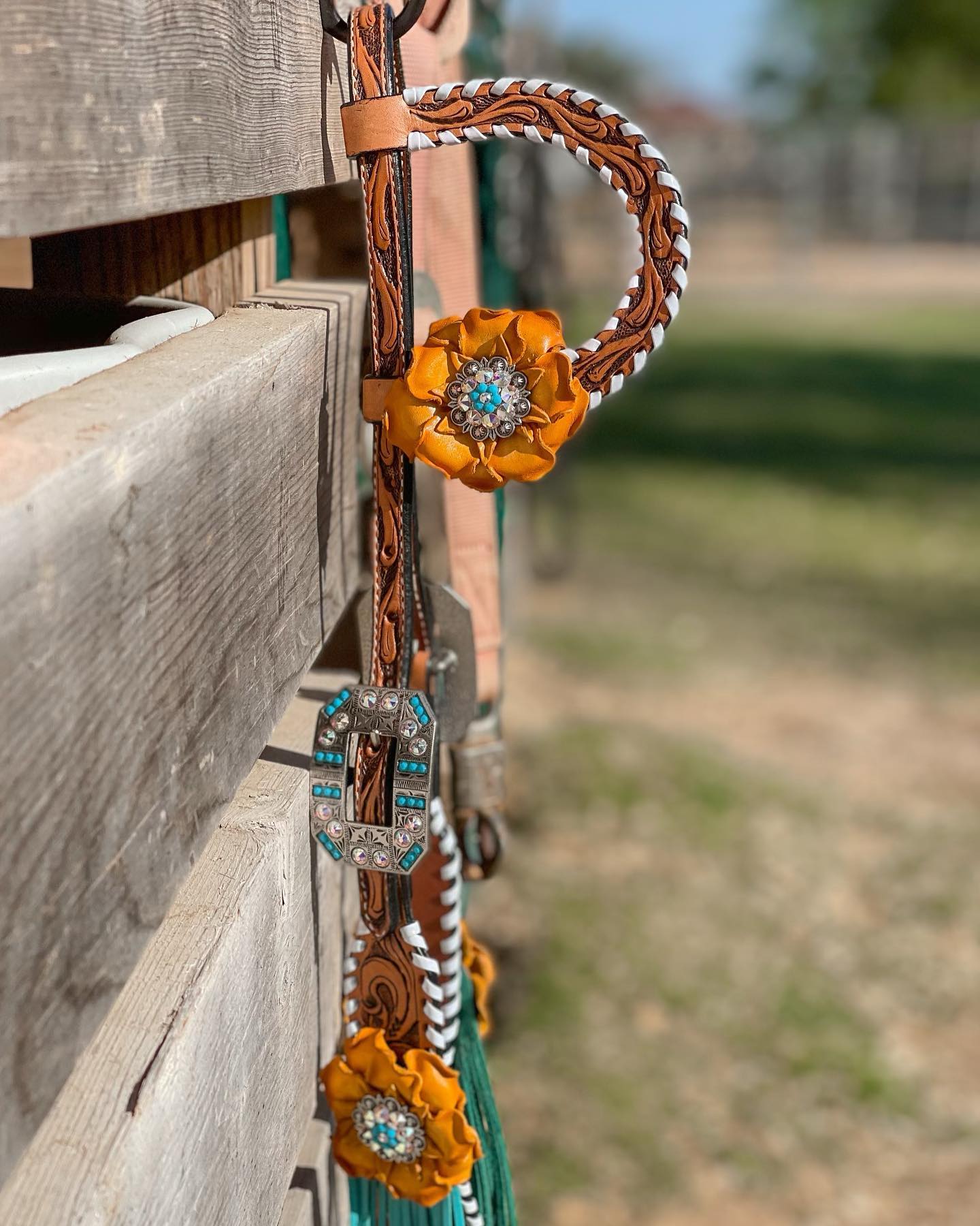 Yellow and Turquoise Browband/One Ear Headstall & Breastcollar Tack Set #OEBC411 — view 4