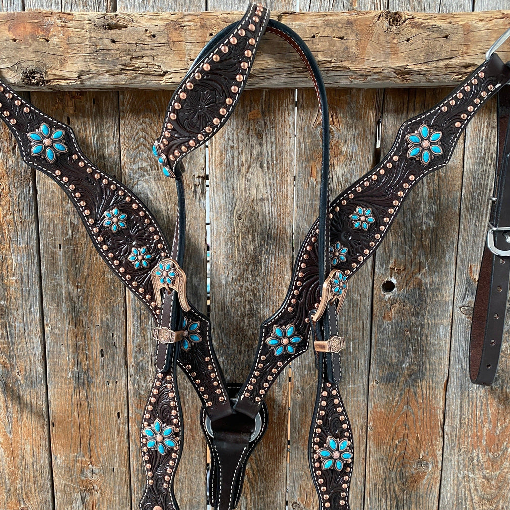 Dark Oil Turquoise Floral One Ear / Browband & Breastcollar Tack Set #OEBC433