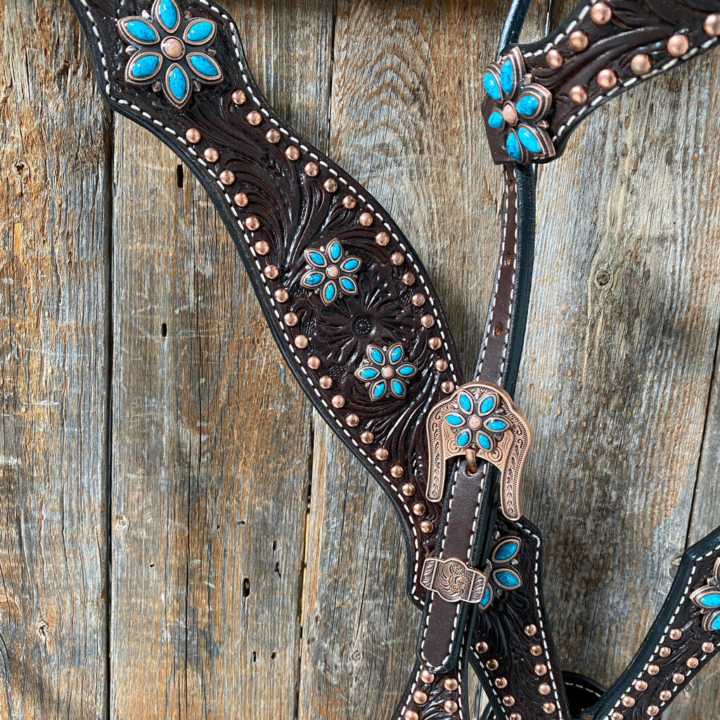Dark Oil Turquoise Floral One Ear / Browband & Breastcollar Tack Set #OEBC433 — view 3