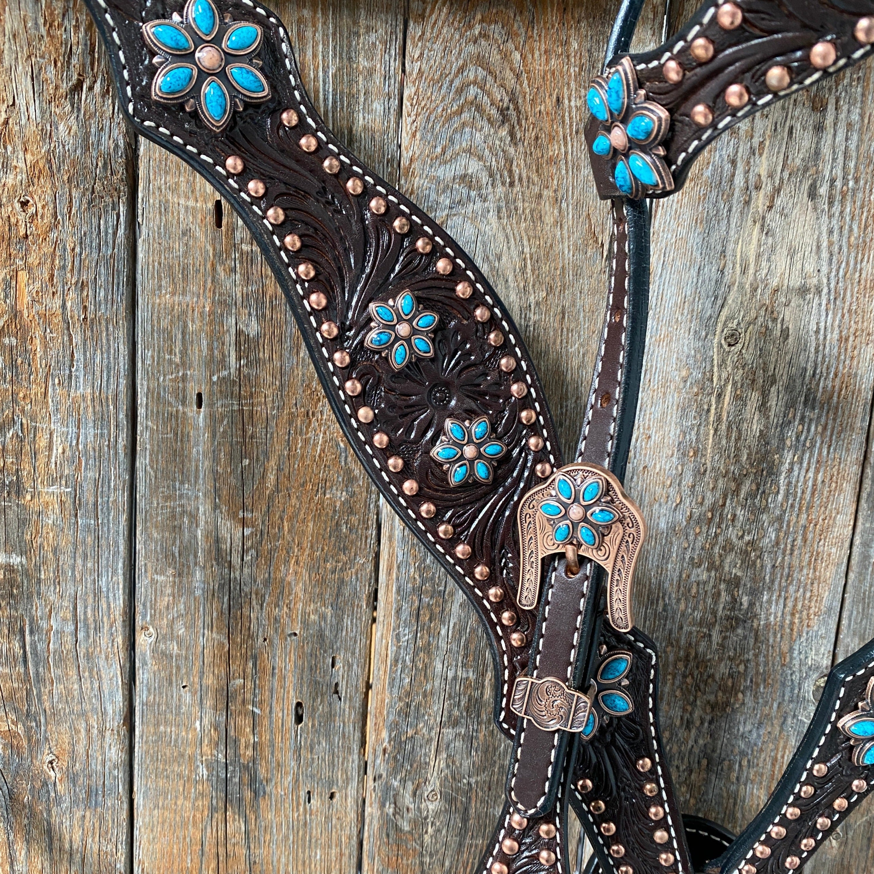 Dark Oil Turquoise Floral One Ear / Browband & Breastcollar Tack Set #OEBC433 — view 3