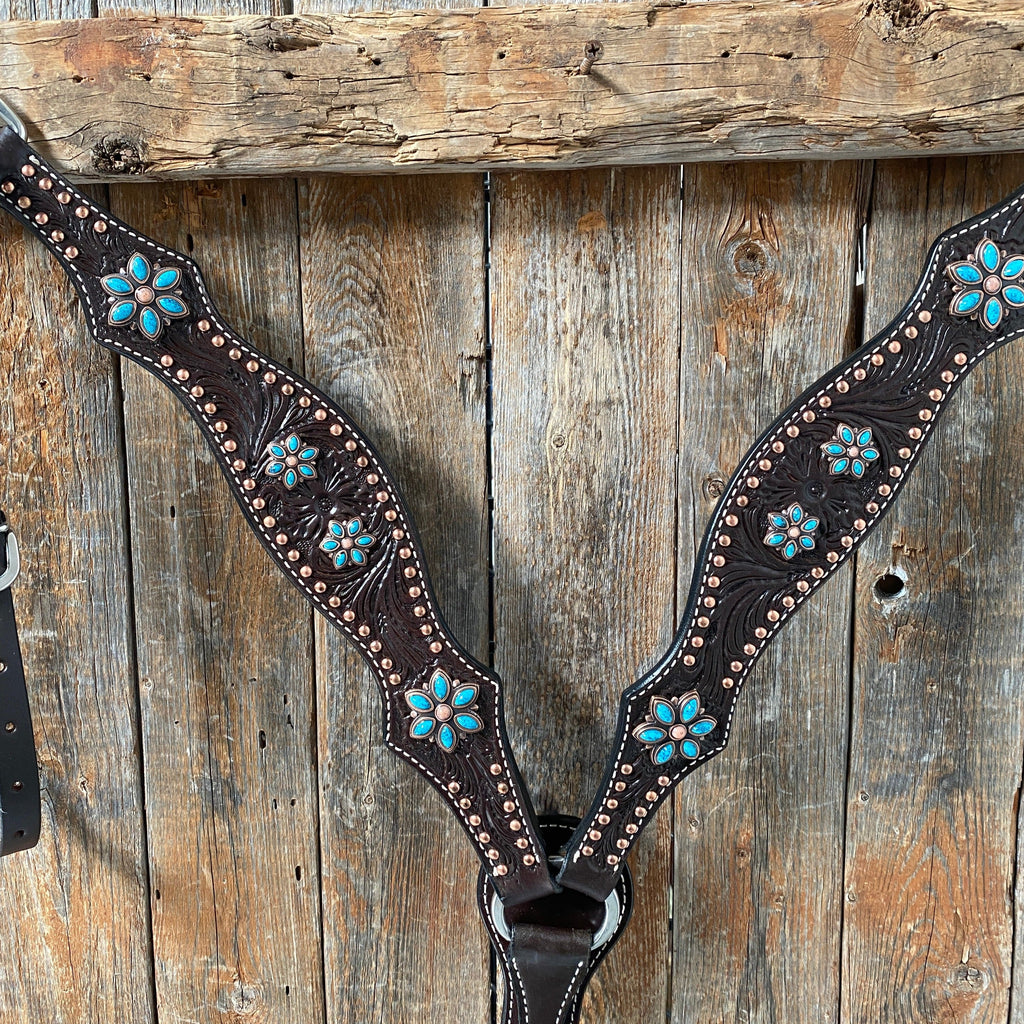 Dark Oil Turquoise Floral One Ear / Browband & Breastcollar Tack Set #OEBC433 — view 4