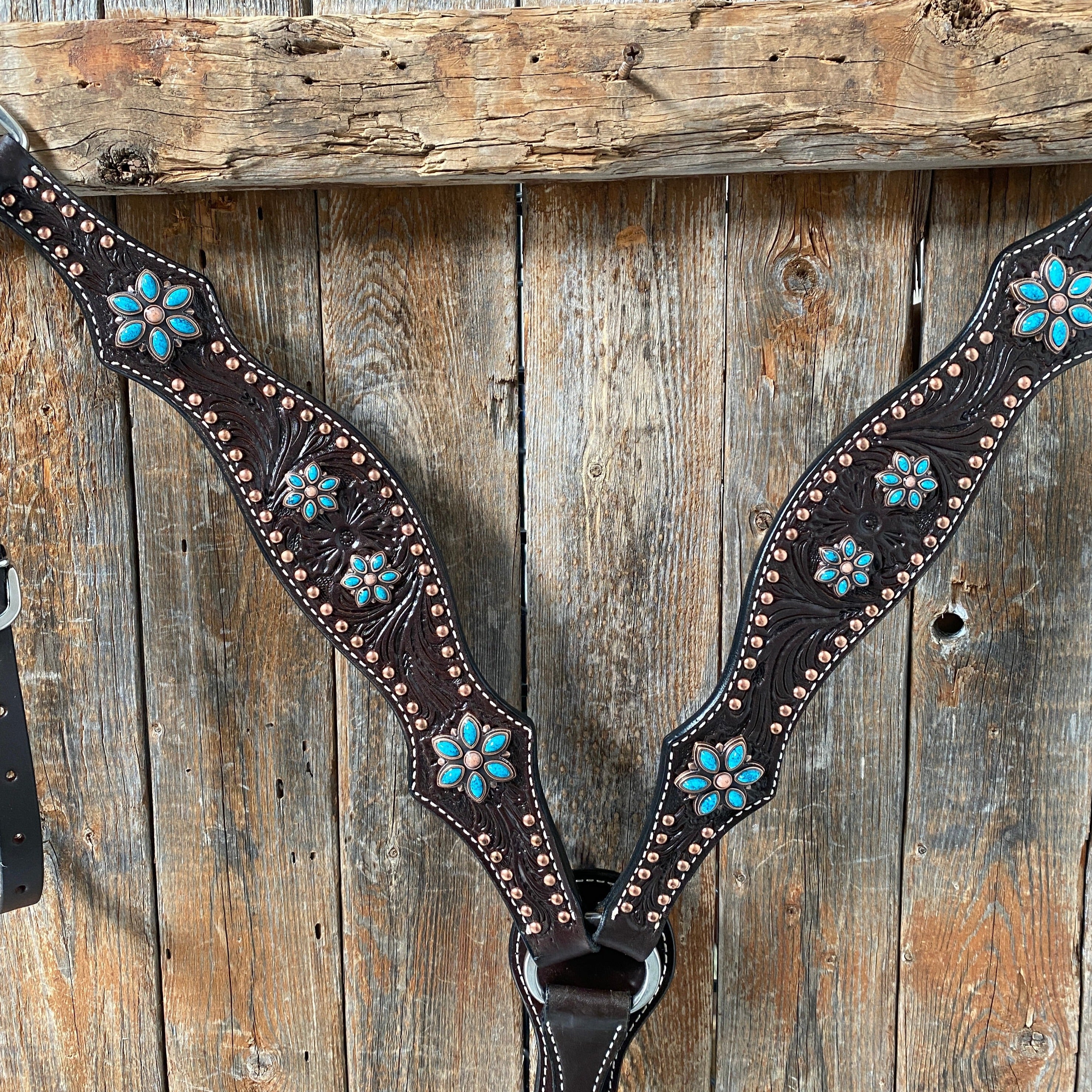 Dark Oil Turquoise Floral One Ear / Browband & Breastcollar Tack Set #OEBC433 — view 4