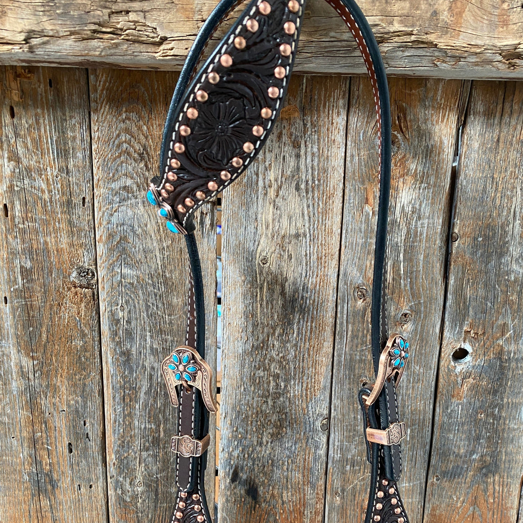 Dark Oil Turquoise Floral One Ear / Browband & Breastcollar Tack Set #OEBC433 — view 6