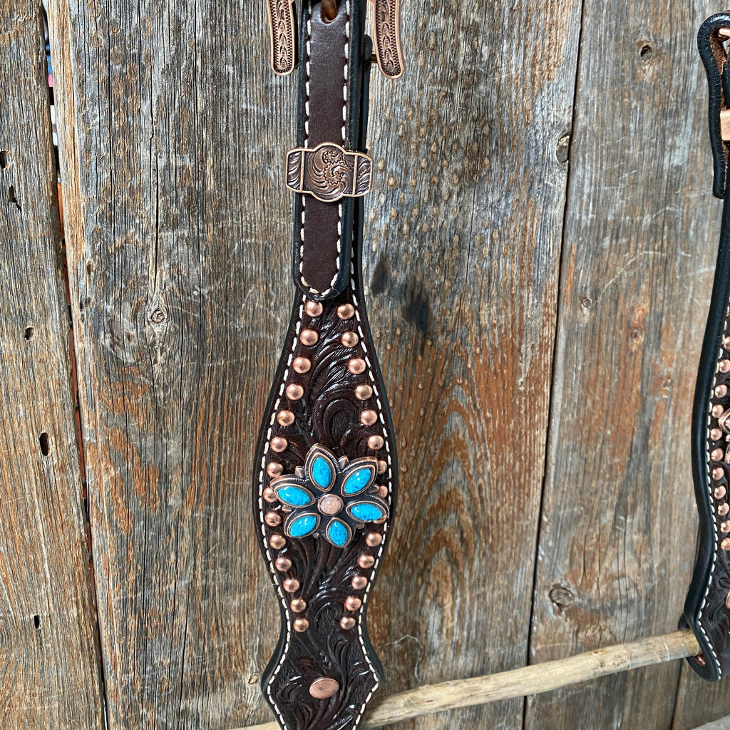 Dark Oil Turquoise Floral One Ear / Browband & Breastcollar Tack Set #OEBC433 — view 7