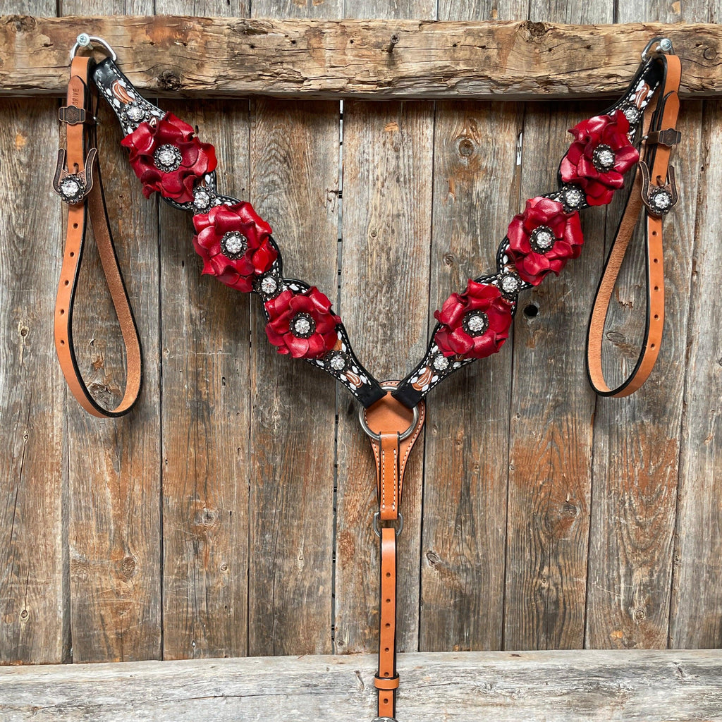 Classic Red Rose and Clear Browband/One Ear Tack Set #OEBC421 — view 4