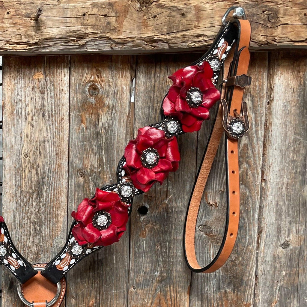 Classic Red Rose and Clear Browband/One Ear Tack Set #OEBC421 — view 7