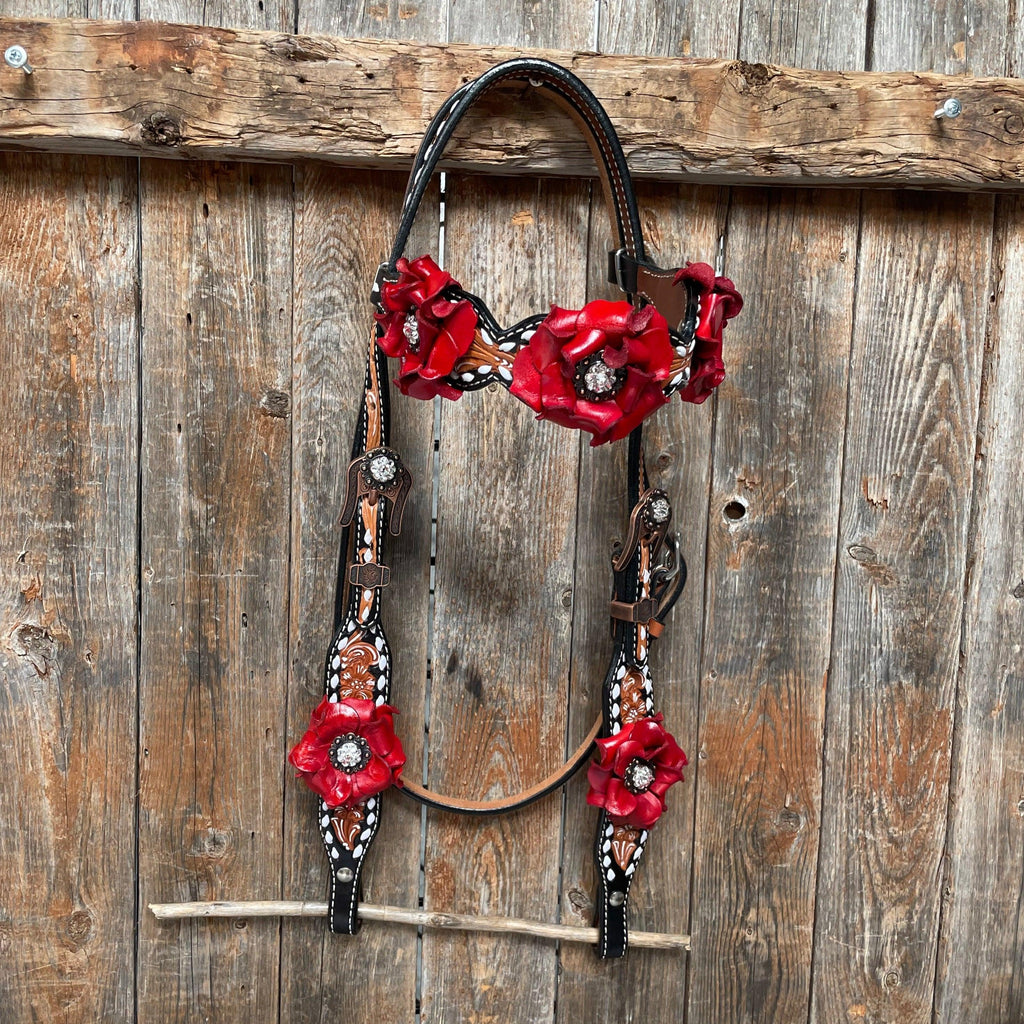 Classic Red Rose and Clear Browband/One Ear Tack Set #OEBC421 — view 5