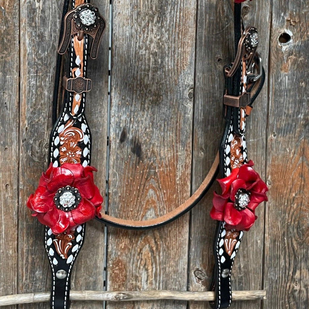 Classic Red Rose and Clear Browband/One Ear Tack Set #OEBC421 — view 9