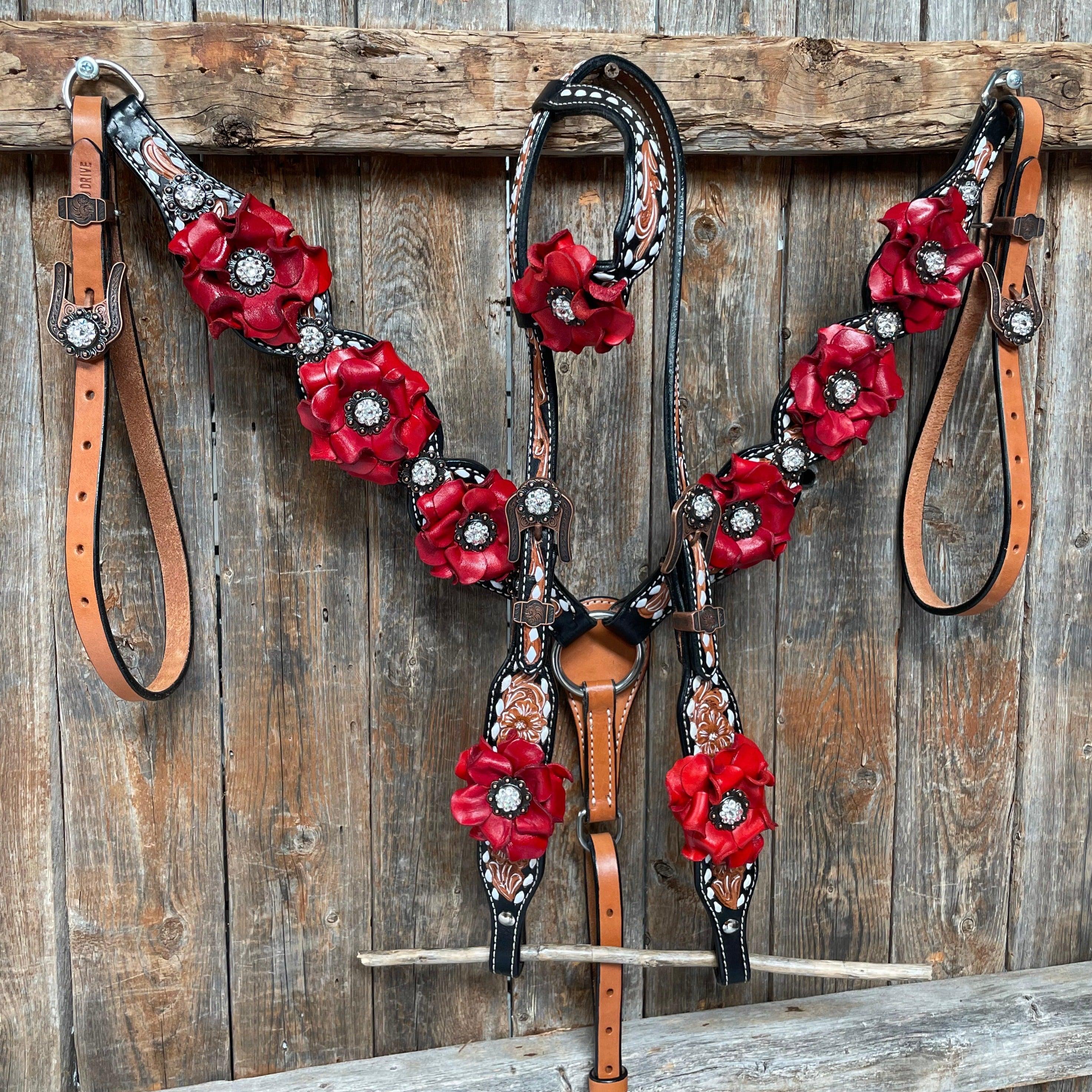 Classic Red Rose and Clear Browband/One Ear Tack Set #OEBC421 — view 3
