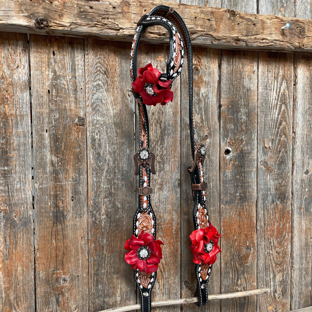 Classic Red Rose and Clear Browband/One Ear Tack Set #OEBC421 — view 6