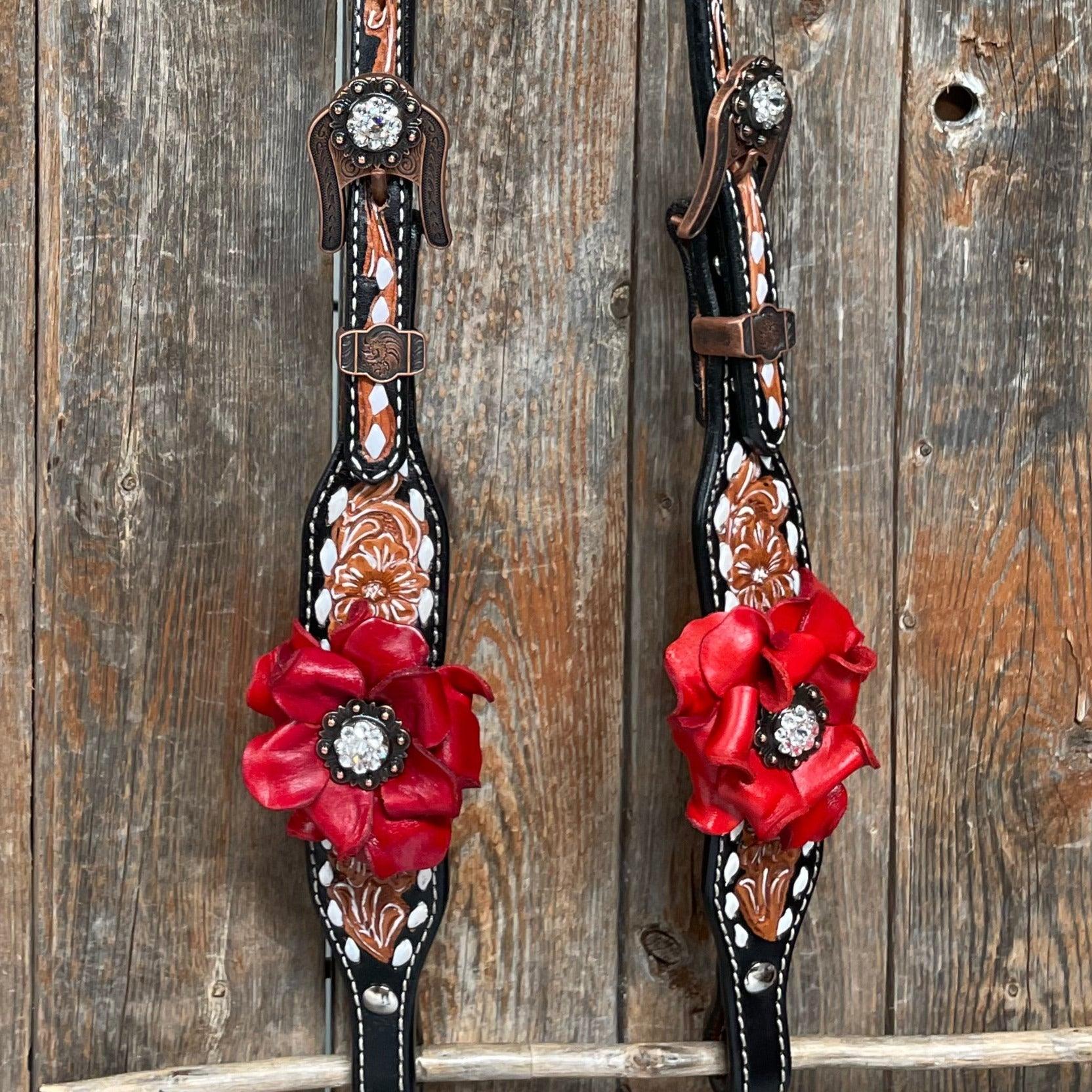 Classic Red Rose and Clear Browband/One Ear Tack Set #OEBC421 — view 11
