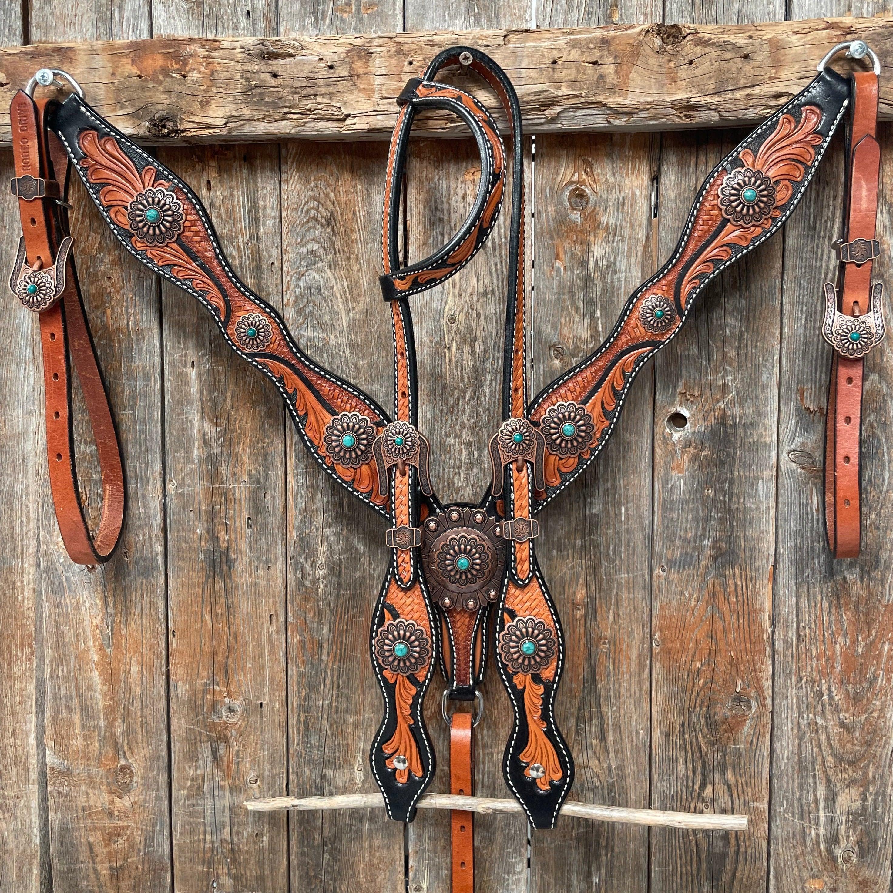 Two Tone Leaf Copper Flower Turquoise Browband/One Ear & Breastcollar Tack Set #OEBC454