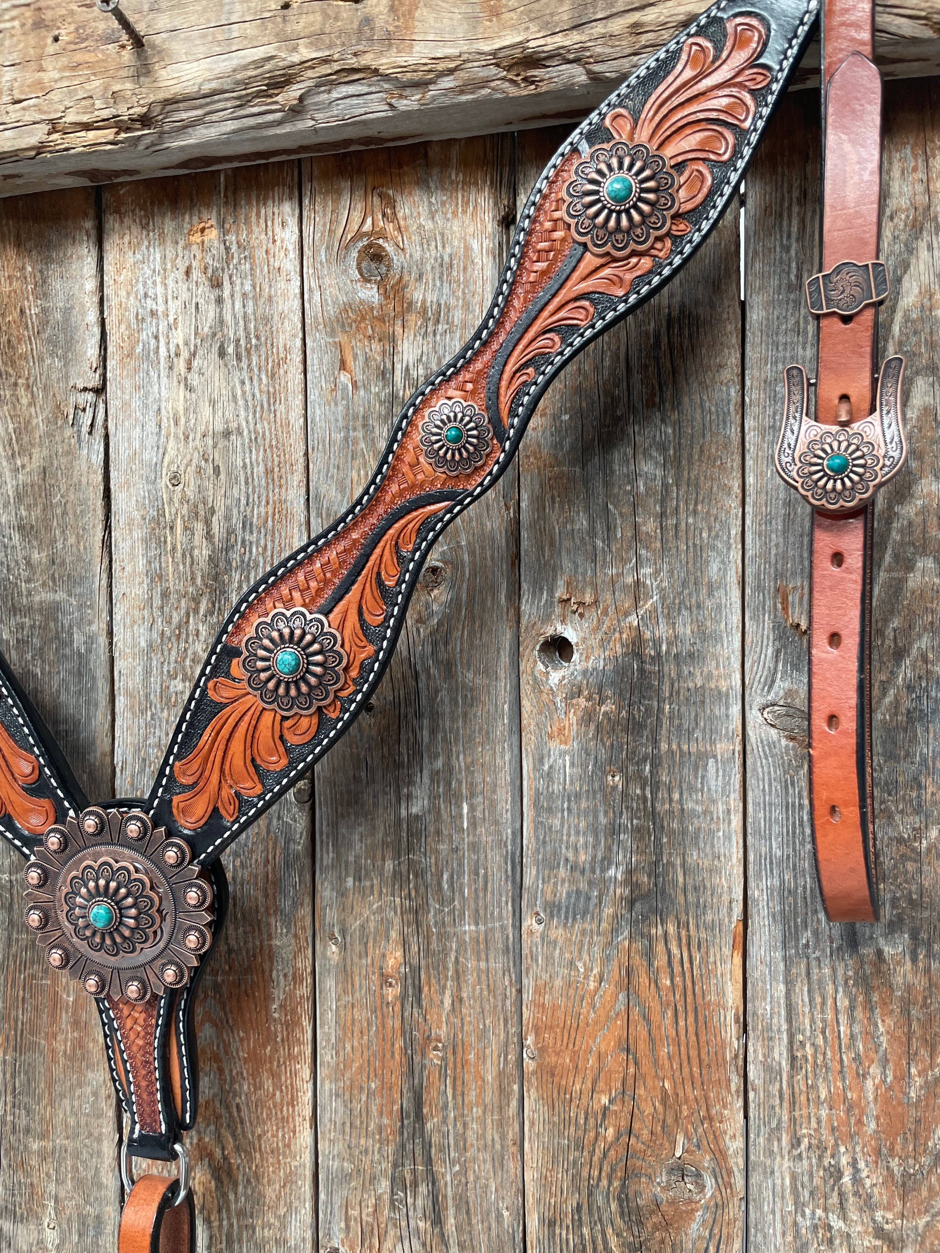 Two Tone Leaf Copper Flower Turquoise Browband/One Ear & Breastcollar Tack Set #OEBC454 — view 7