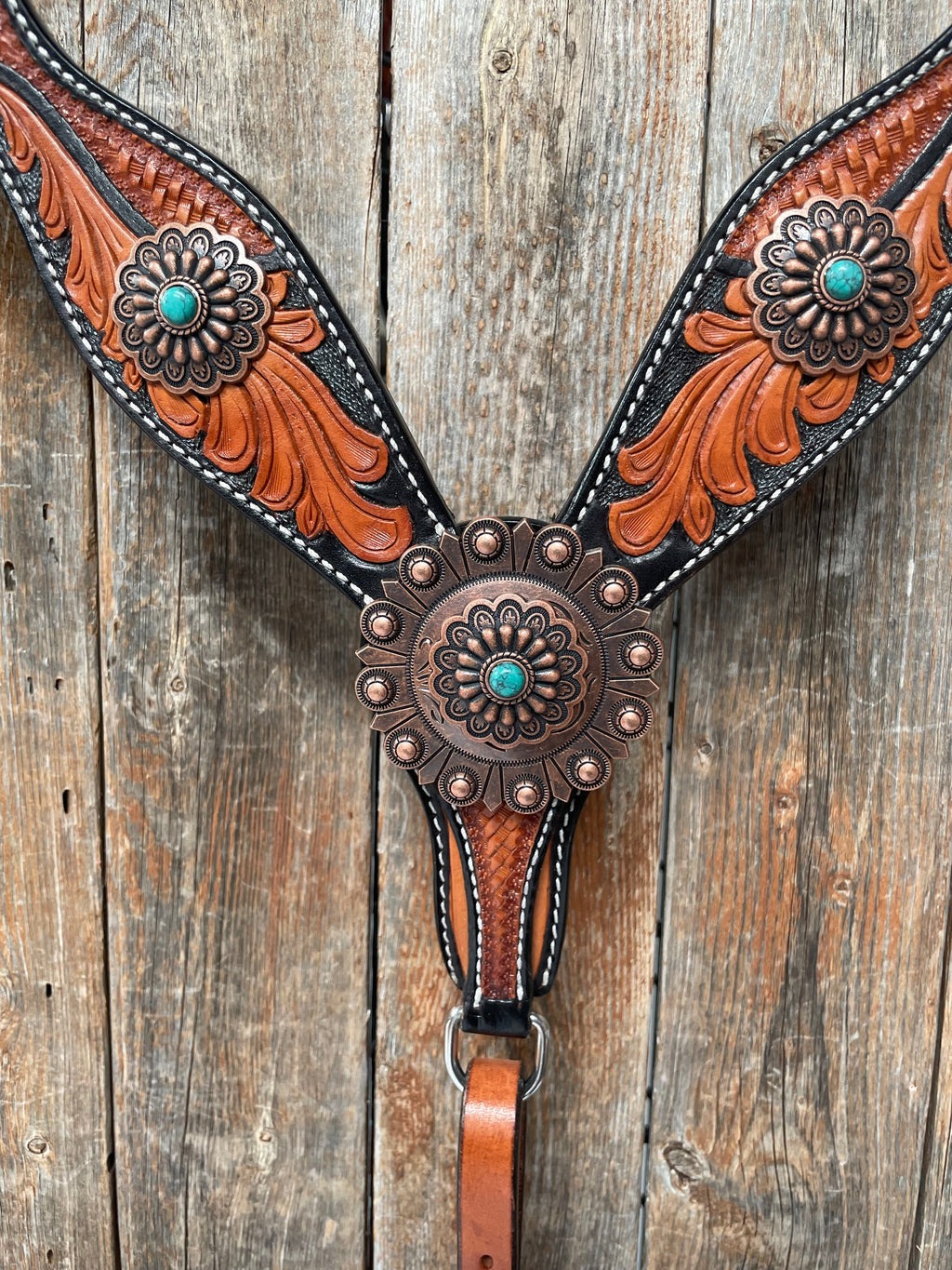 Two Tone Leaf Copper Flower Turquoise Browband/One Ear & Breastcollar Tack Set #OEBC454 — view 8