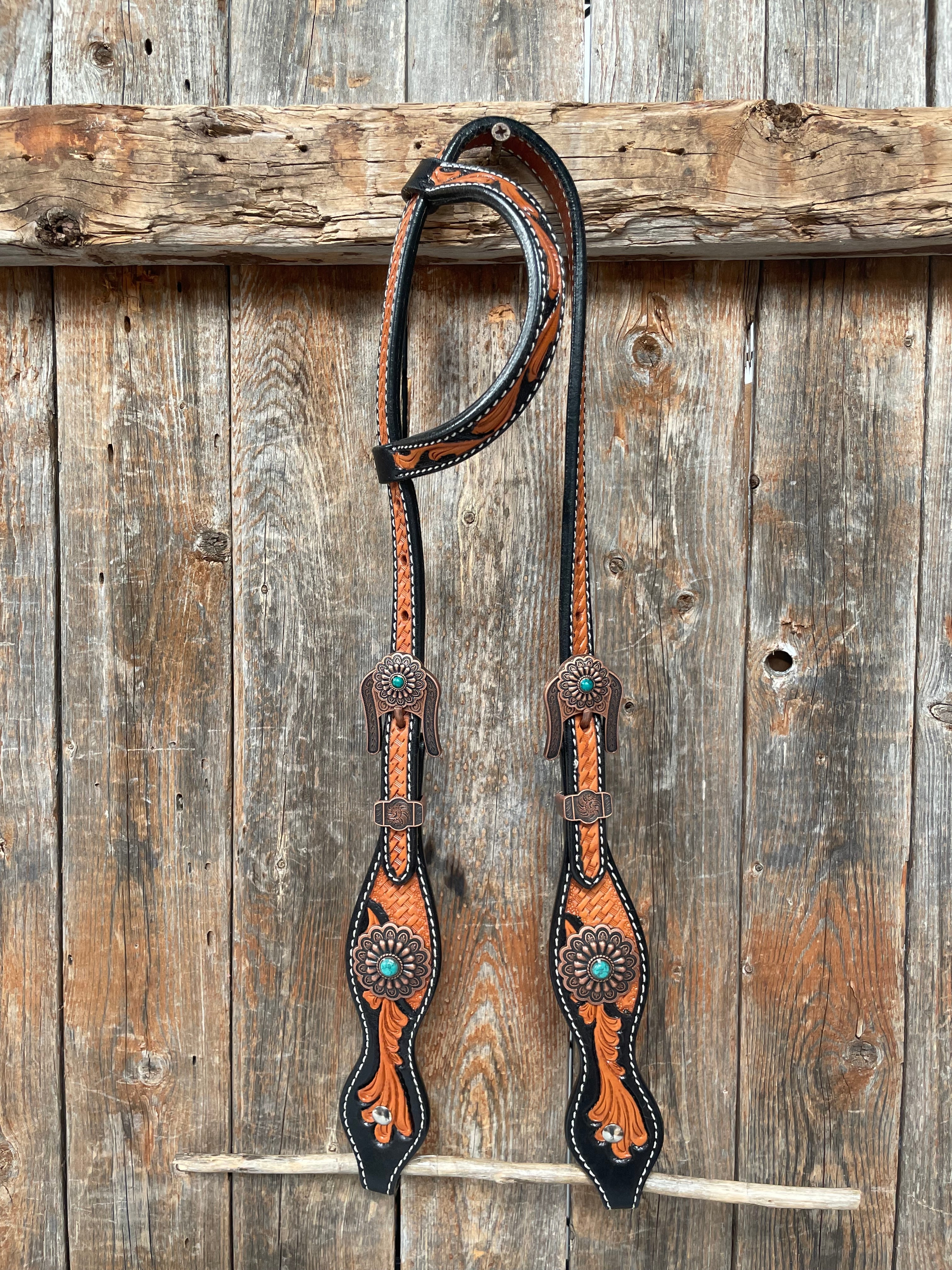 Two Tone Leaf Copper Flower Turquoise Browband/One Ear & Breastcollar Tack Set #OEBC454 — view 6