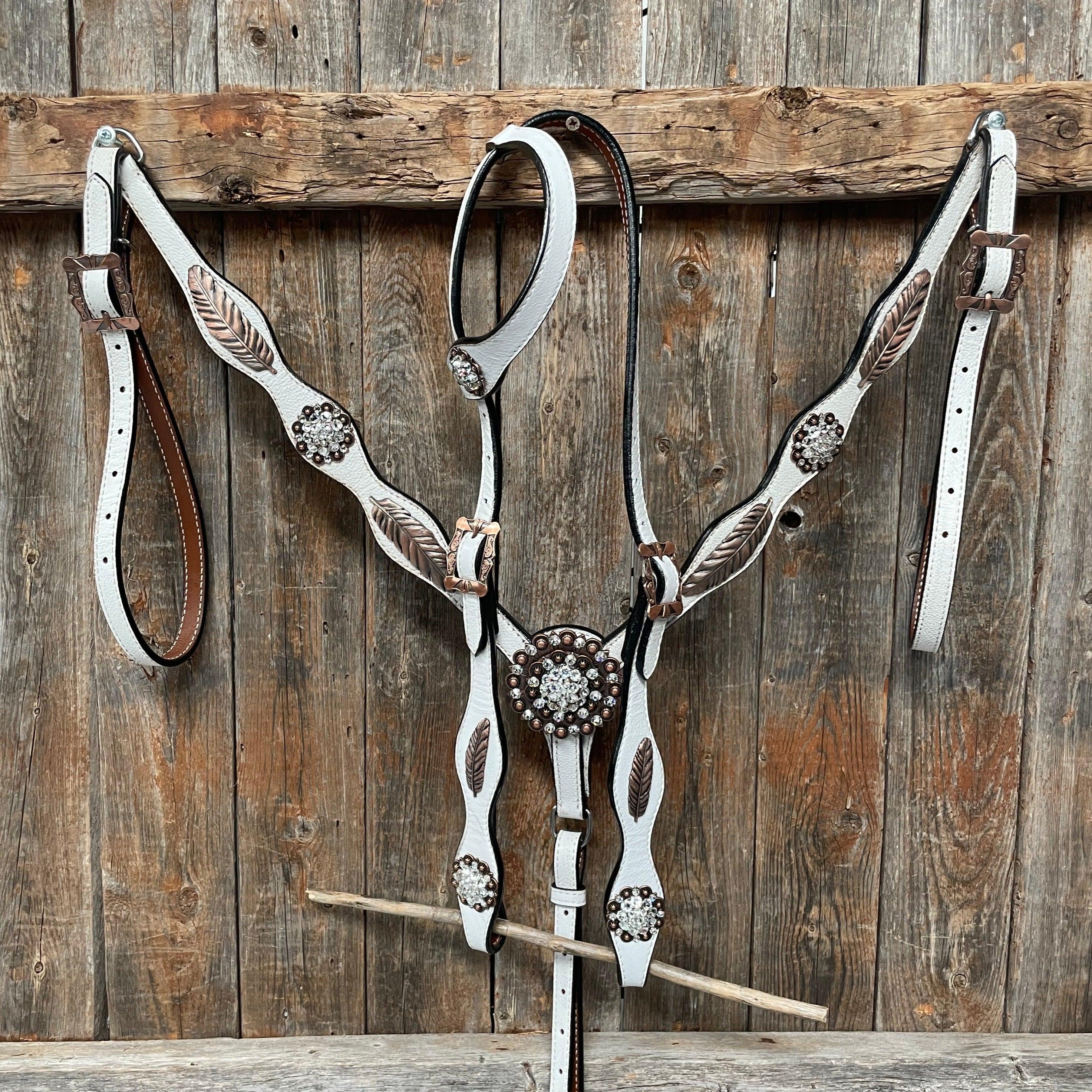 White Leather Copper Clear and Feather Browband/One Ear Tack Set #OEBC482