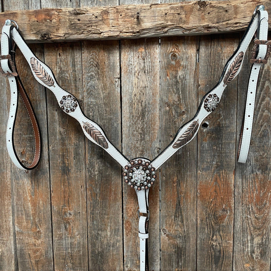White Leather Copper Clear and Feather Browband/One Ear Tack Set #OEBC482 — view 2