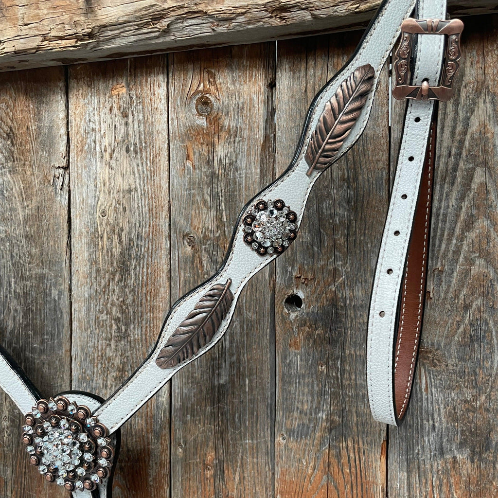 White Leather Copper Clear and Feather Browband/One Ear Tack Set #OEBC482 — view 4