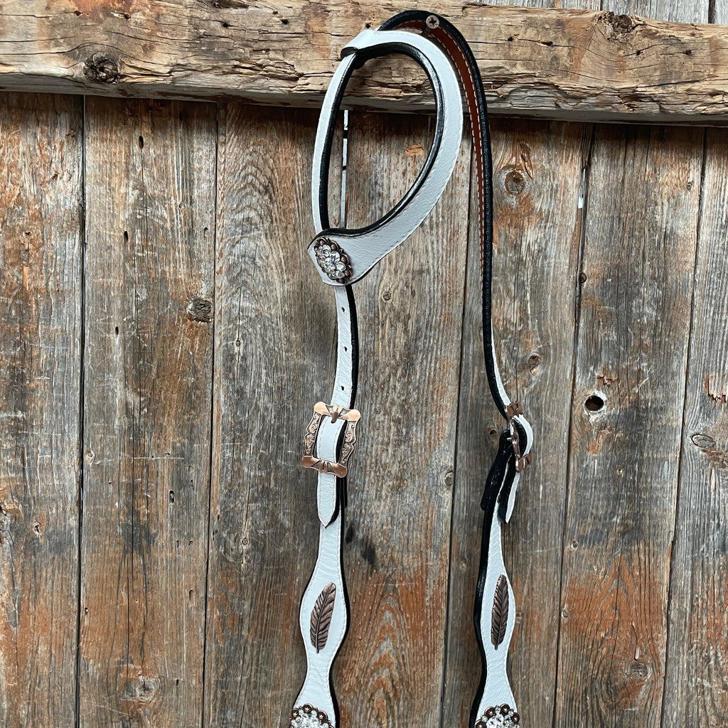 White Leather Copper Clear and Feather Browband/One Ear Tack Set #OEBC482 — view 3
