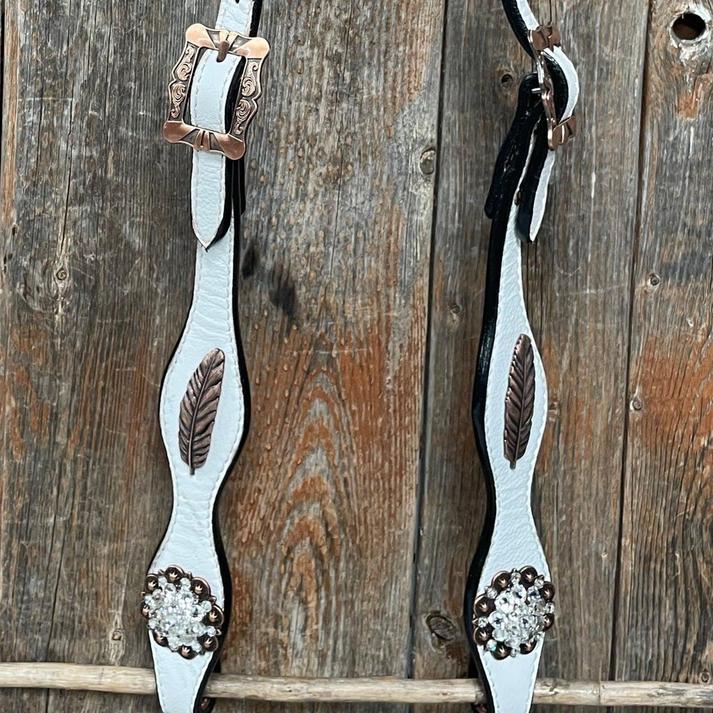 White Leather Copper Clear and Feather Browband/One Ear Tack Set #OEBC482 — view 6