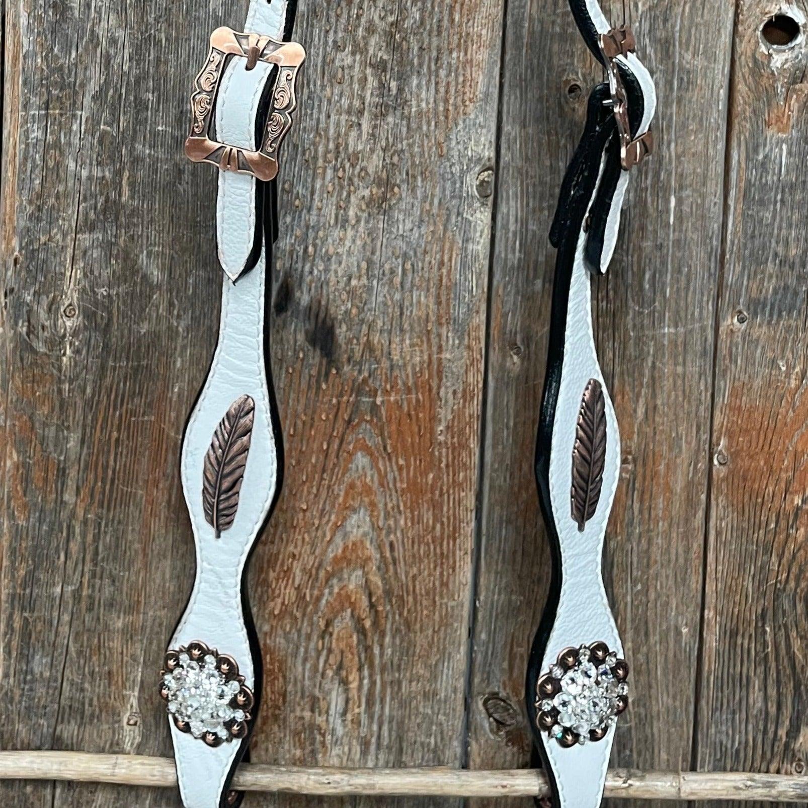 White Leather Copper Clear and Feather Browband/One Ear Tack Set #OEBC482 — view 6