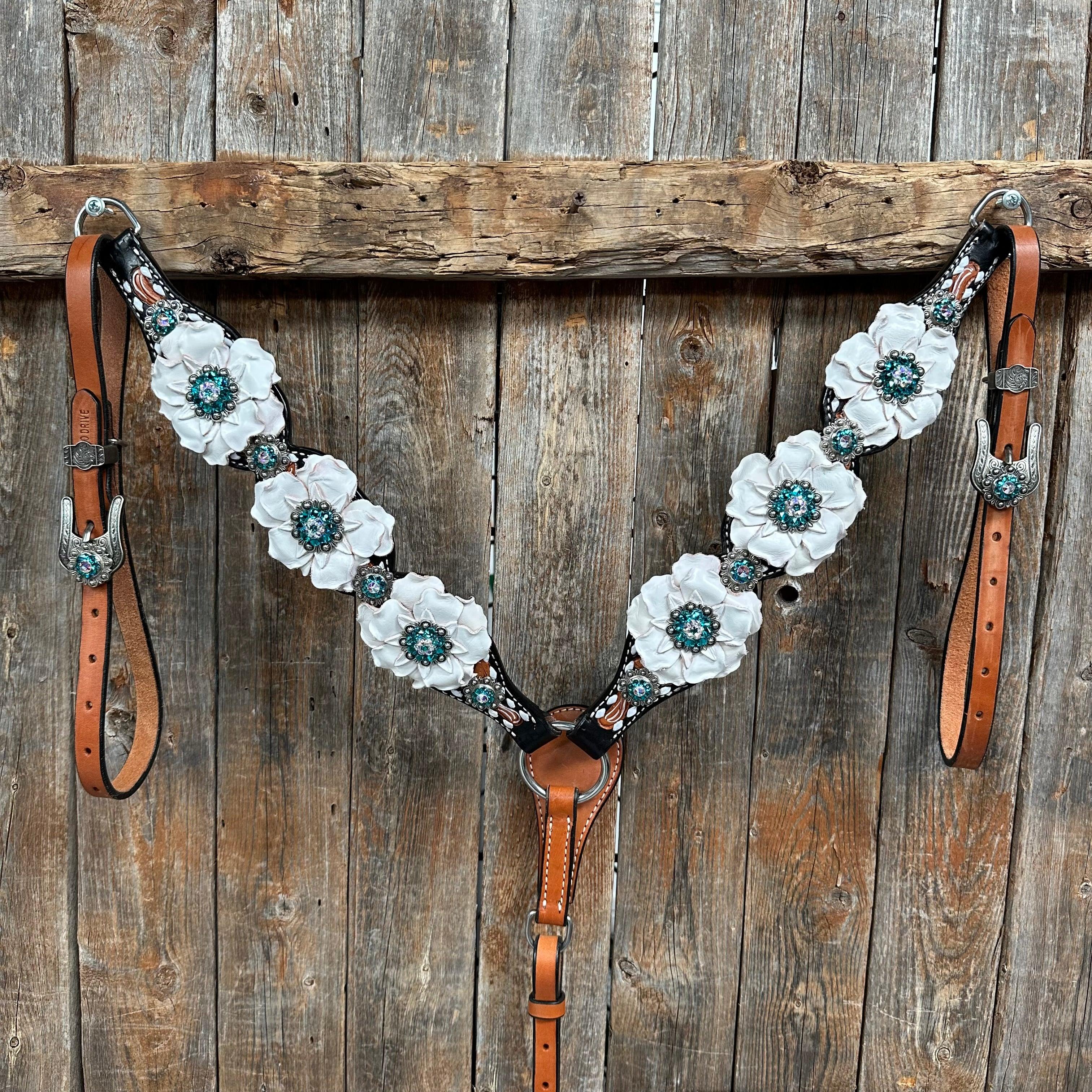 Classic Teal & White One Ear / Breastcollar Tack Set #OEBC548 — view 5