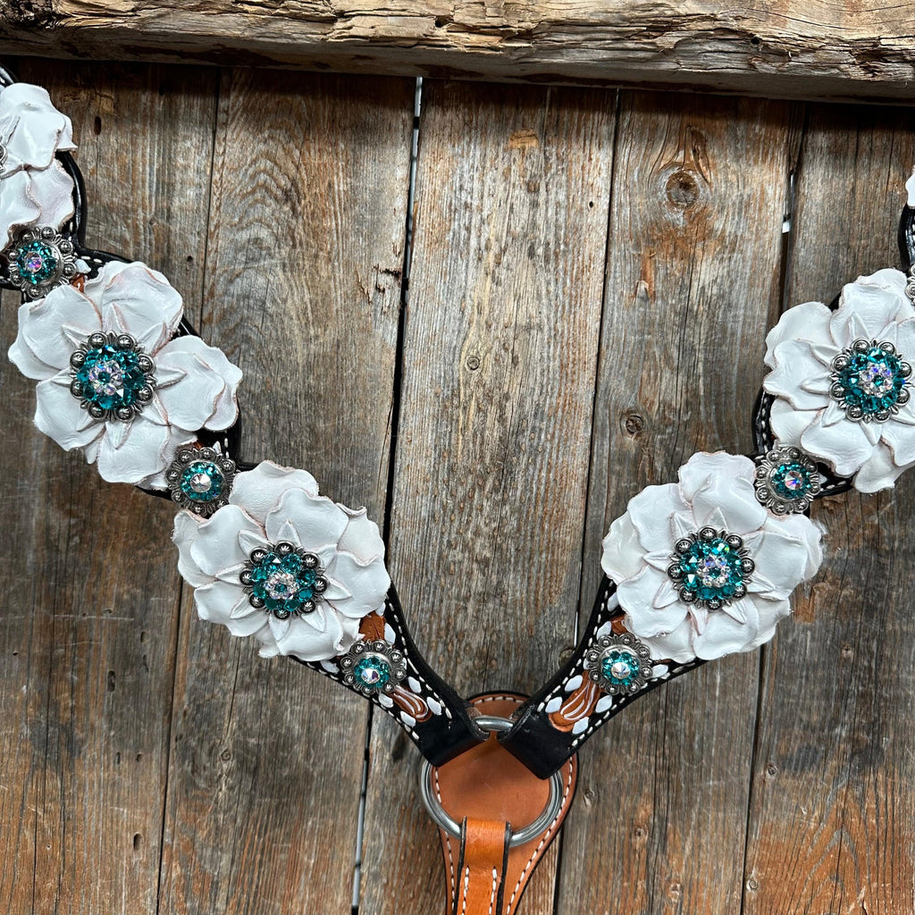 Classic Teal & White One Ear / Breastcollar Tack Set #OEBC548 — view 6