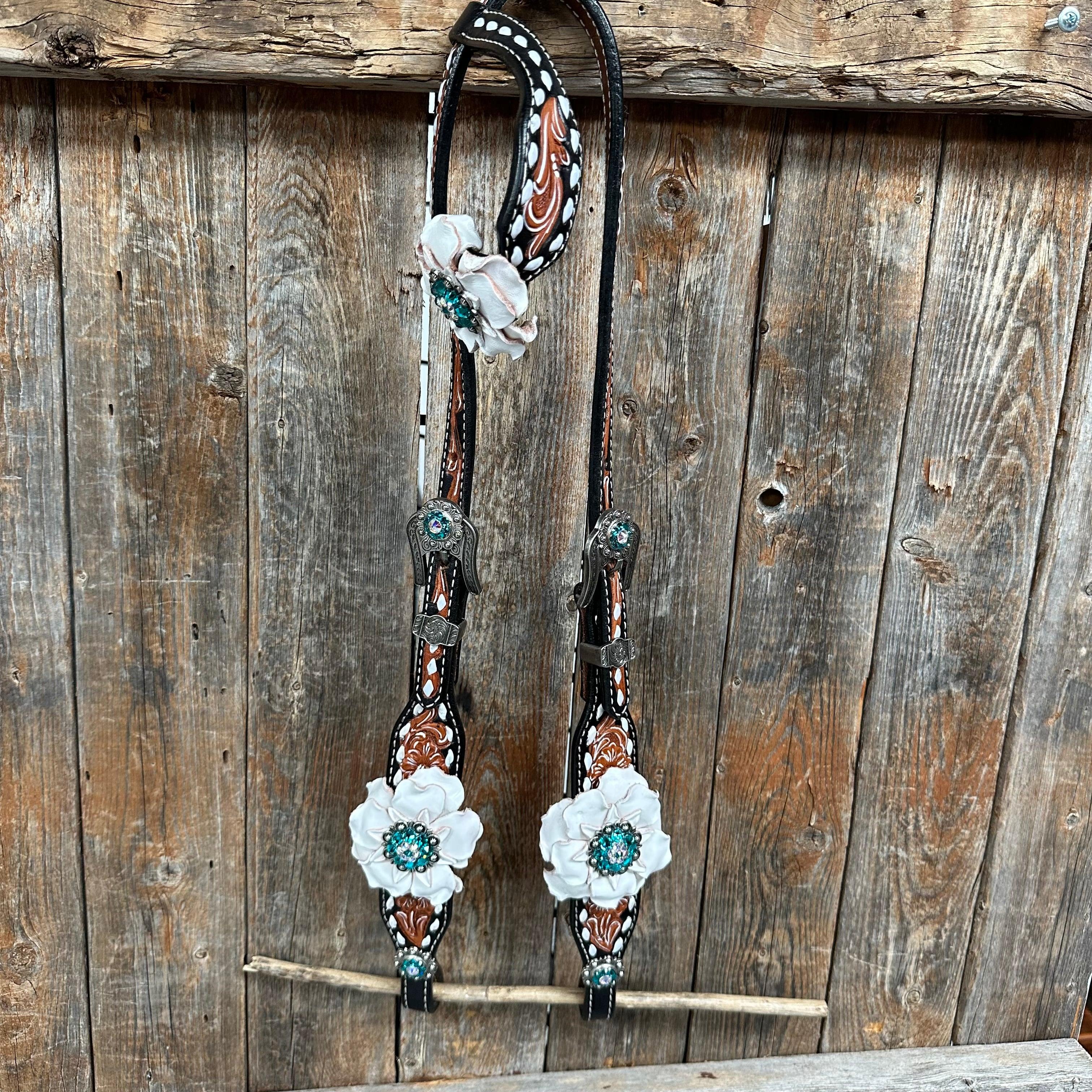 Classic Teal & White One Ear / Breastcollar Tack Set #OEBC548 — view 9