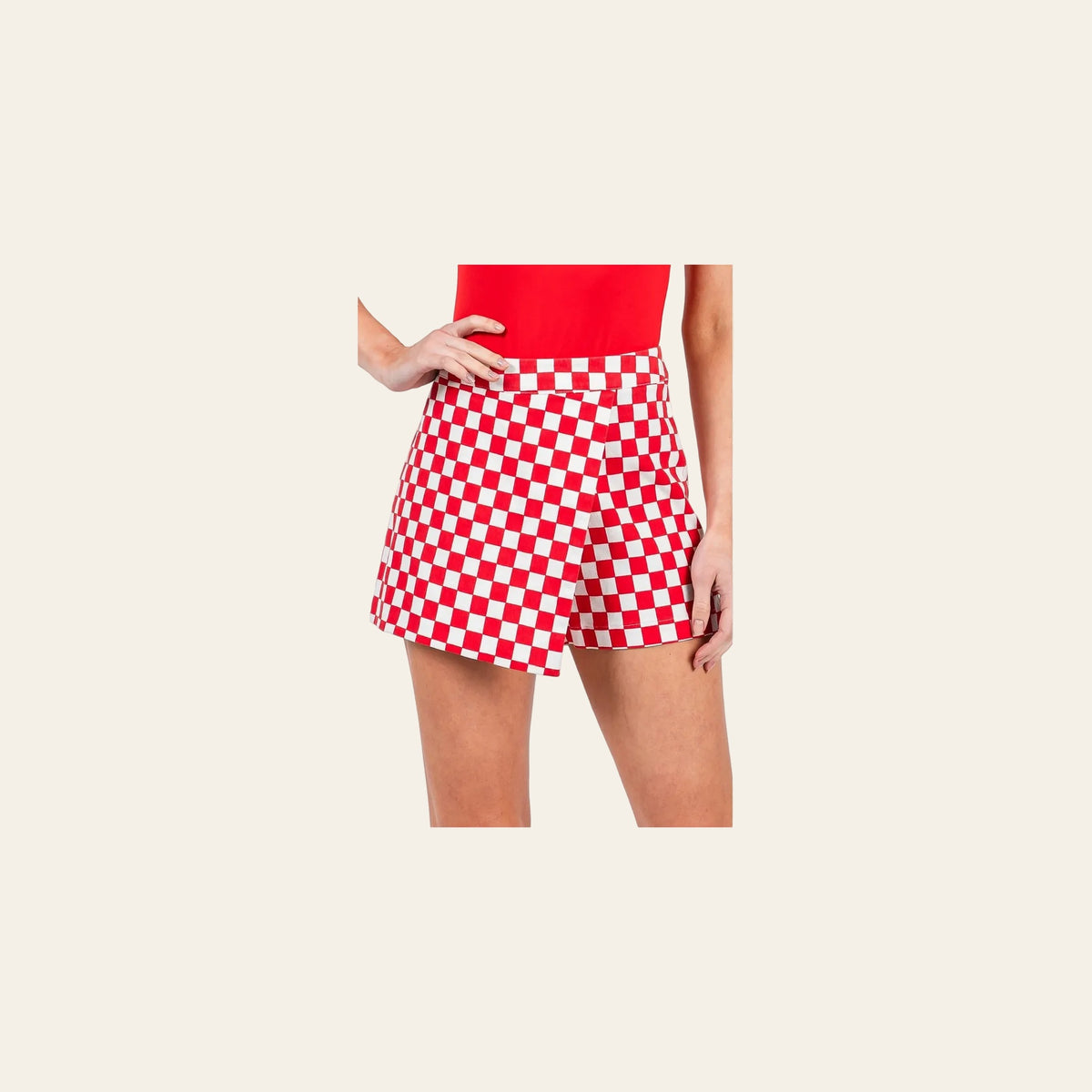 Off To The Races Checkered Wrap | Skort on a warm cream background