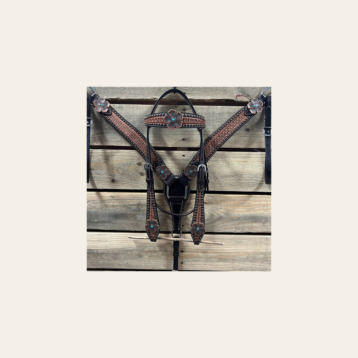Two Tone Honeycomb Copper Flower Browband/One Ear Headstall & Breastcollar Tack Set #BBBC610 on a warm cream background