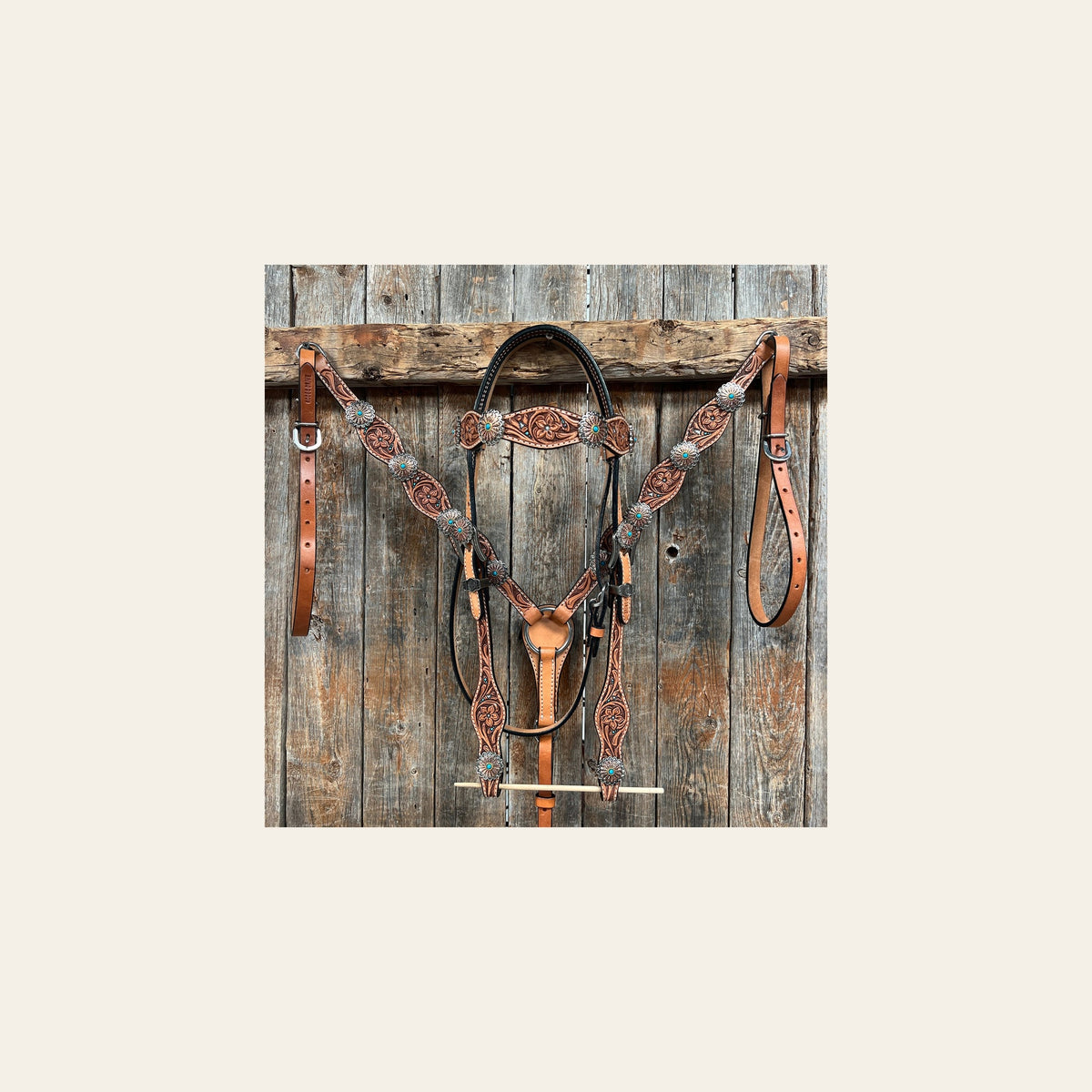 Floral Teal Dot Western Floral Browband/One Ear Headstall & Breastcollar Tack Set #BBBC593 on a warm cream background