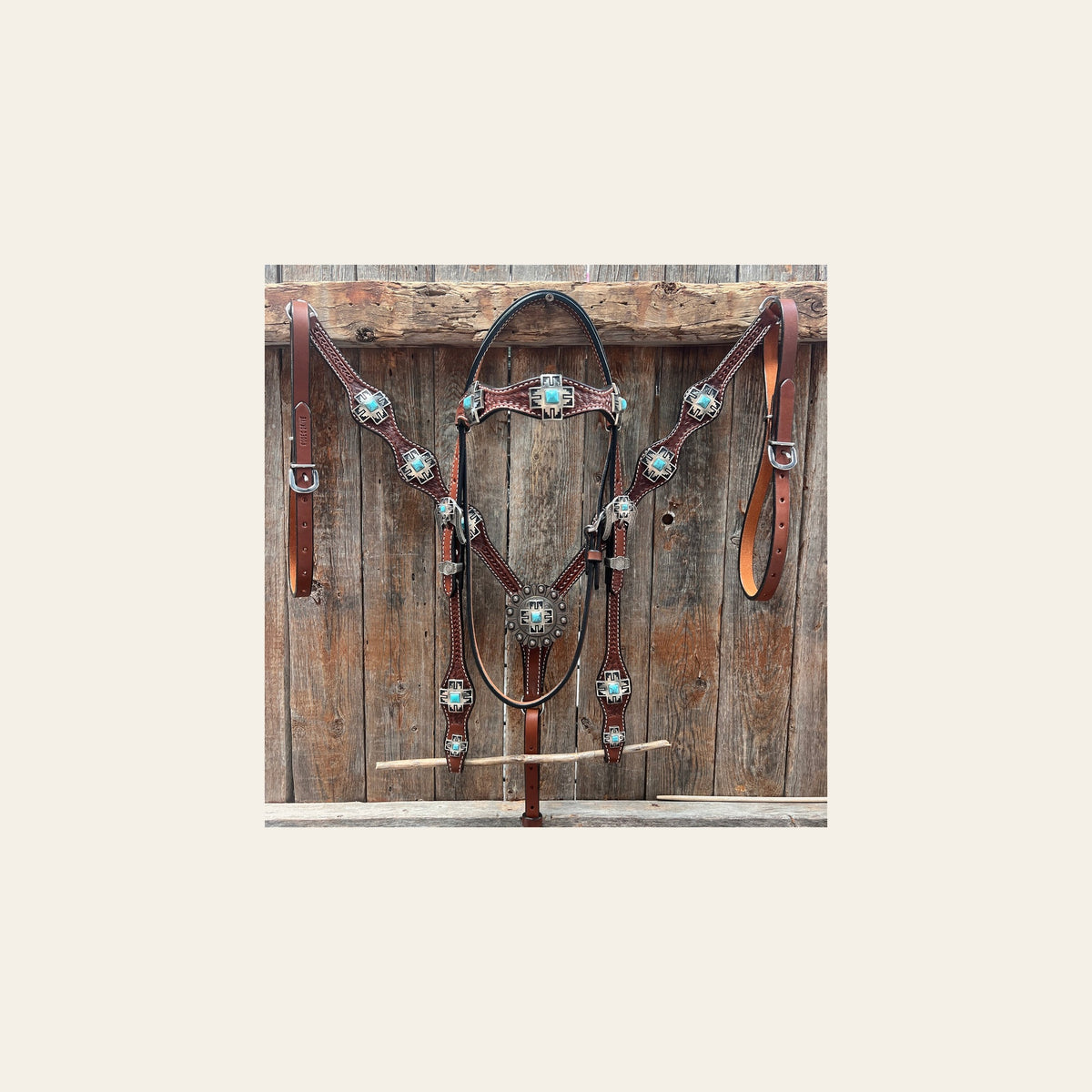 Medium Oil Turquoise Cross Browband/One Ear Headstall Breastcollar Tack Set BBBC1060 on a warm cream background