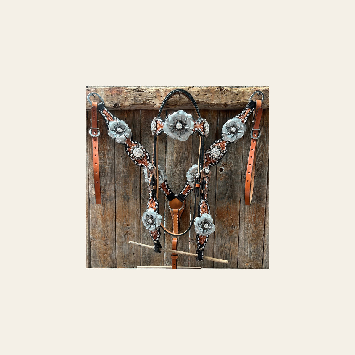 Classic Style Buckstitch Browband/One Ear Headstall & Breastcollar Tack Set BBBC406 on a warm cream background