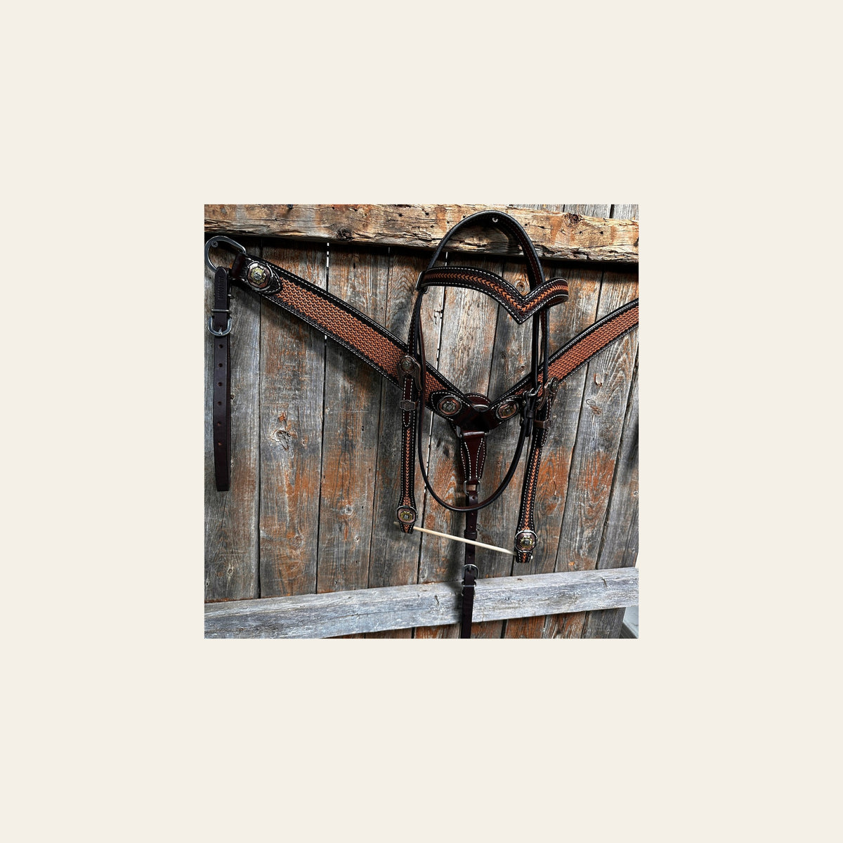 Foxtail and Copper Browband/One Ear Headstall & Breastcollar Tack Set #BBBC589 on a warm cream background