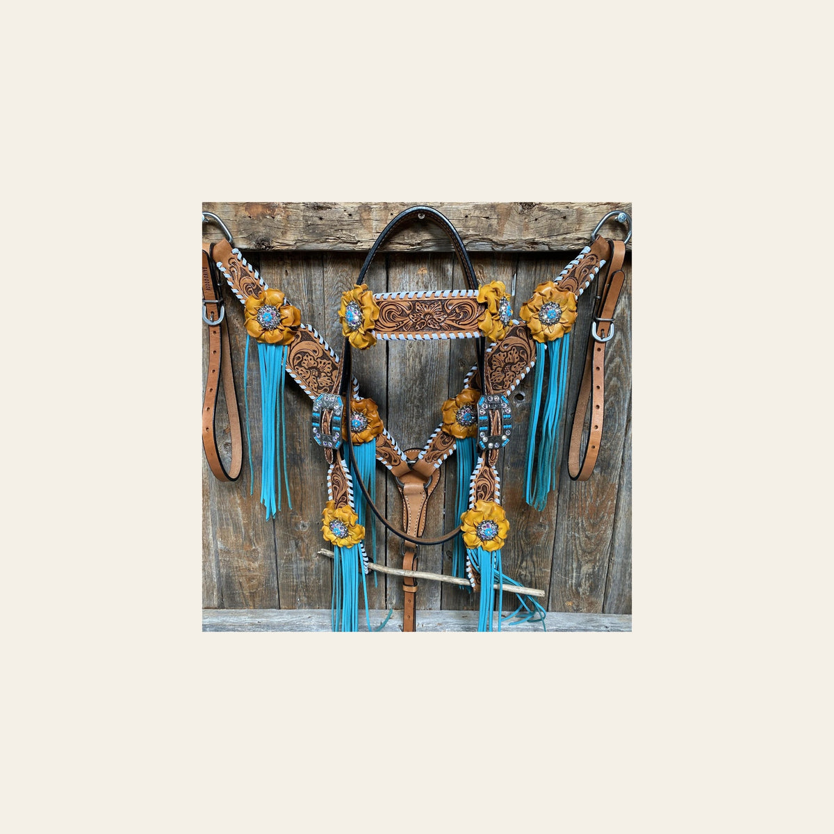 Yellow and Turquoise Browband/One Ear Headstall & Breastcollar Tack Set #OEBC411 on a warm cream background