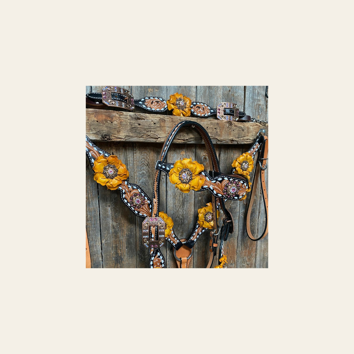 Classic Yellow and Pink Browband/One Ear Tack Set with Wither Strap #BBBC464 on a warm cream background
