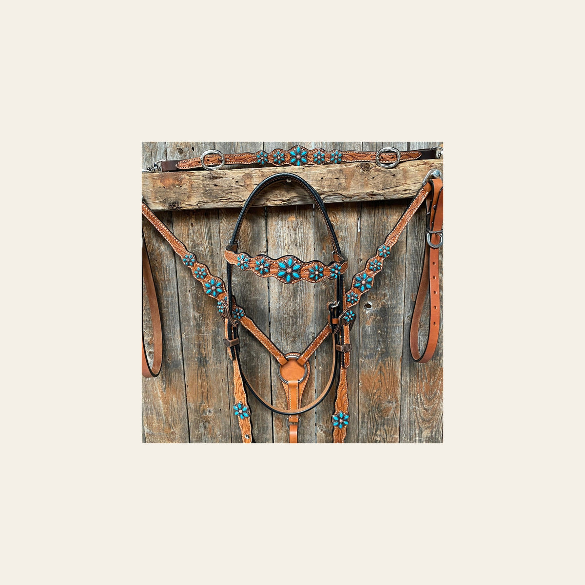 Light Floral Turquoise Browband/One Ear Tack Set with Wither Strap #BBBC469 on a warm cream background