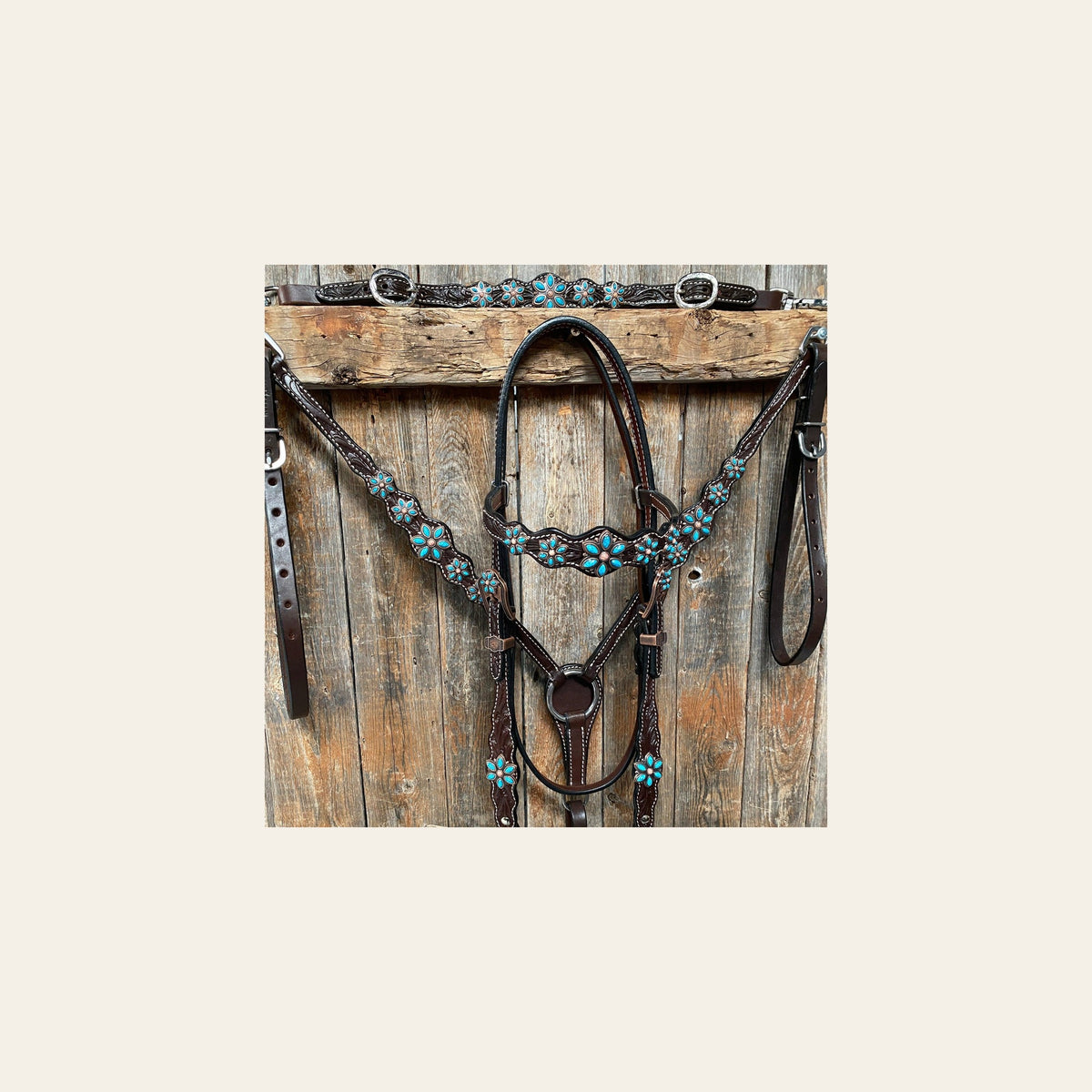 Dark Floral Turquoise Browband/One Ear Tack Set with Wither Strap #BBBC465 on a warm cream background