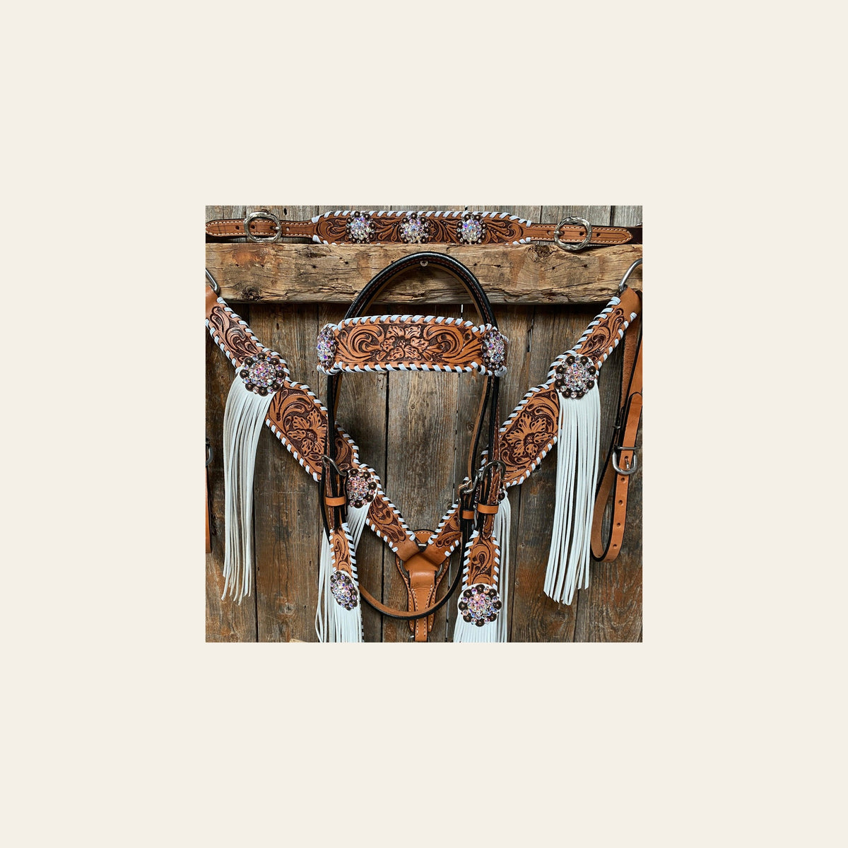 Whipstitch AB Browband/One Ear Tack Set with Wither Strap #BBBC458 on a warm cream background